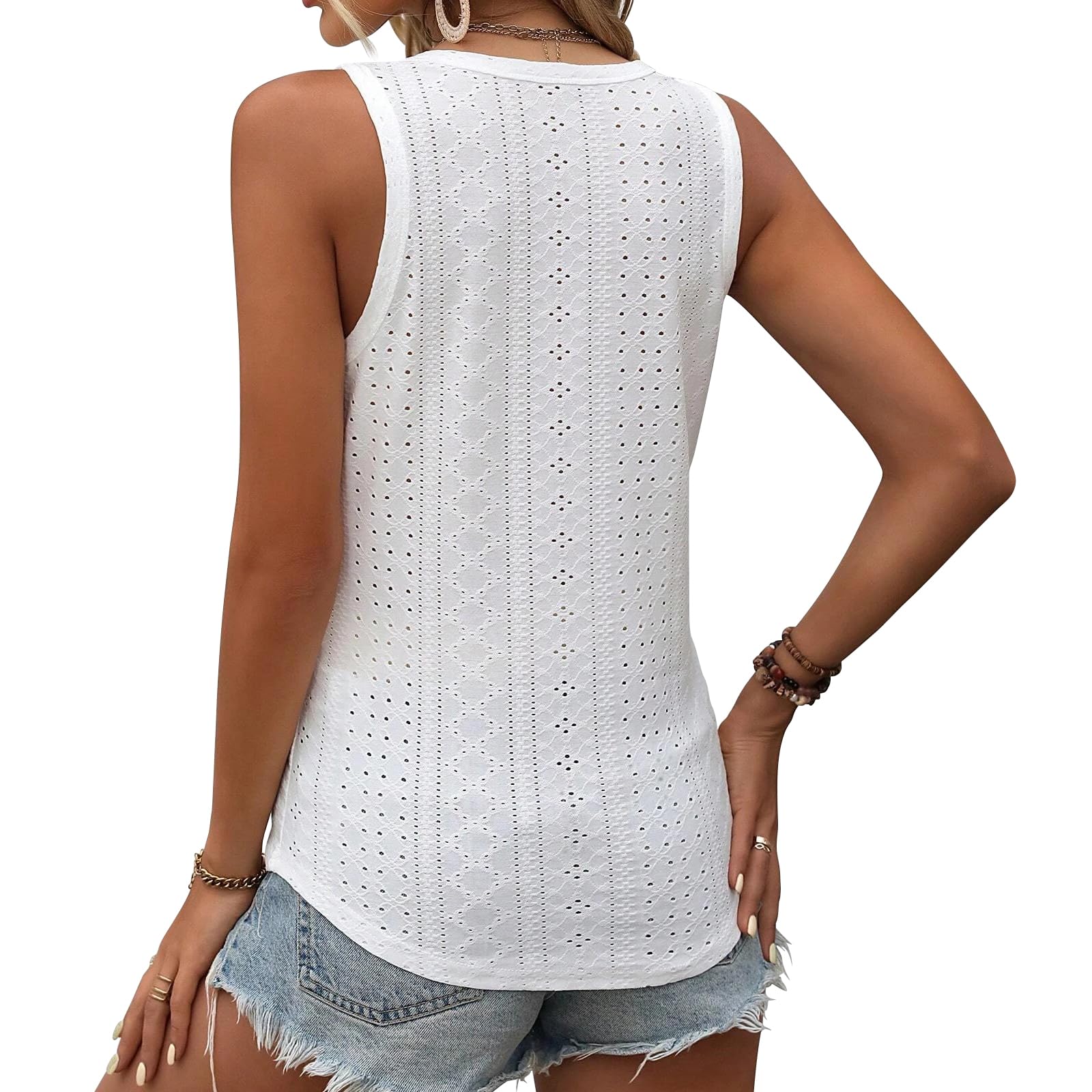2024 Women's Summer V-Neck Sleeveless Embroidery Tank Tops - Casual Loose Fit Trendy Blouse, XL White Buttonless Top for Beach, Gym & Everyday Wear