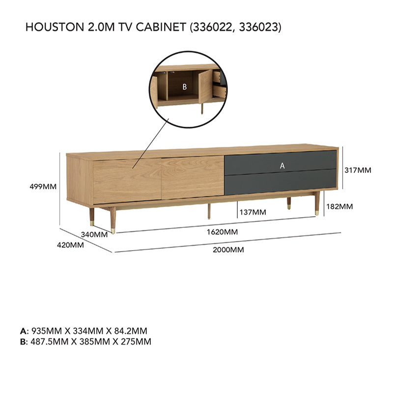 Houston Entertainment TV Stand 200cm - Modern Natural & Grey Wood Media Console for Living Room, Bedroom, Home Theater Setup