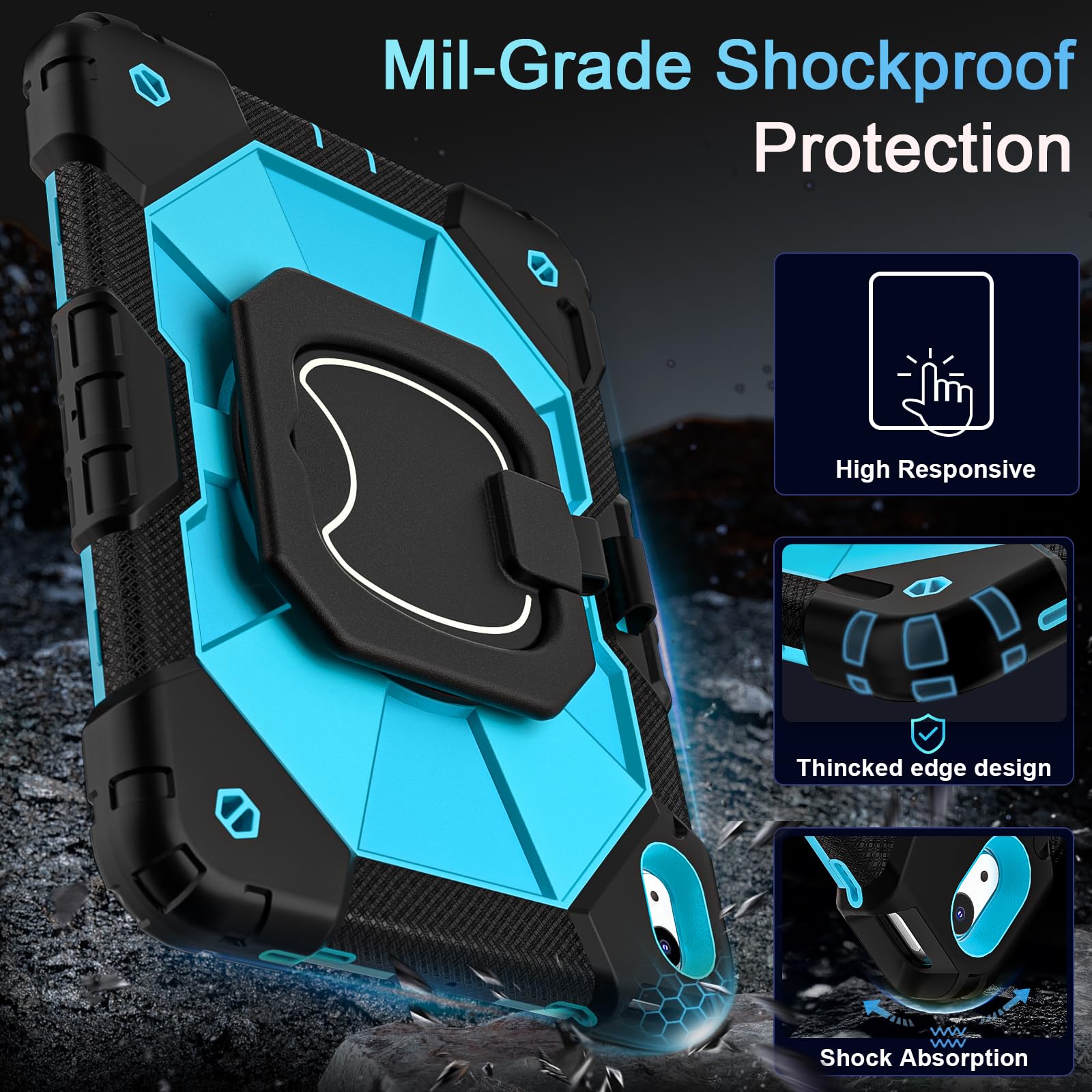 **Military Grade Shockproof iPad Case for 11th/10th Gen iPad (10.9/11 Inch, 2025/2022) - Rotating Stand, Shoulder Strap, Pencil Holder & Screen Protector - Black & Blue - Perfect for Travel, Work & School**