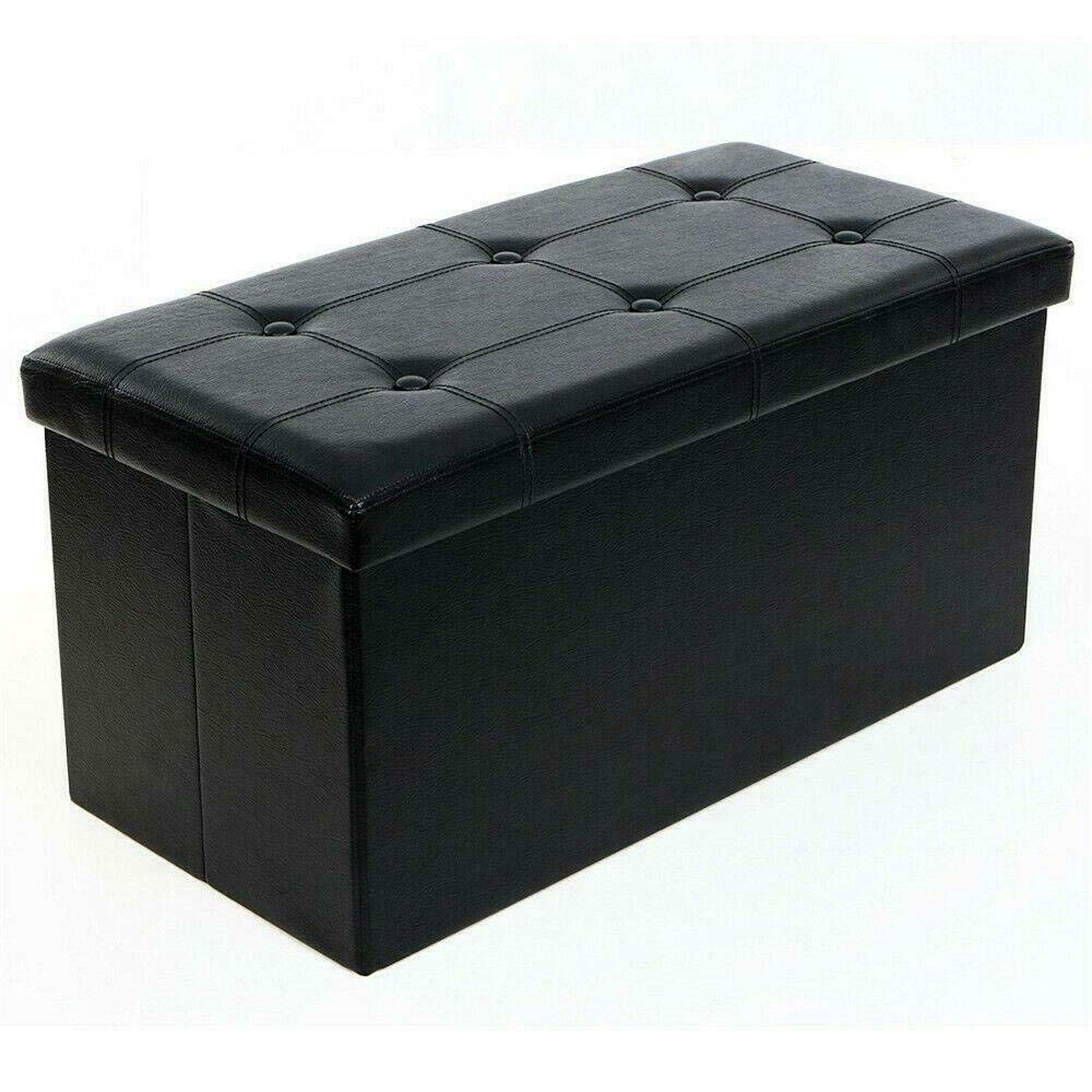 30 Inch Faux Leather Storage Ottoman Bench - Foldable Footrest Pouf with Hidden Storage Compartment, Black - Perfect for Living Room, Bedroom, or Office Use