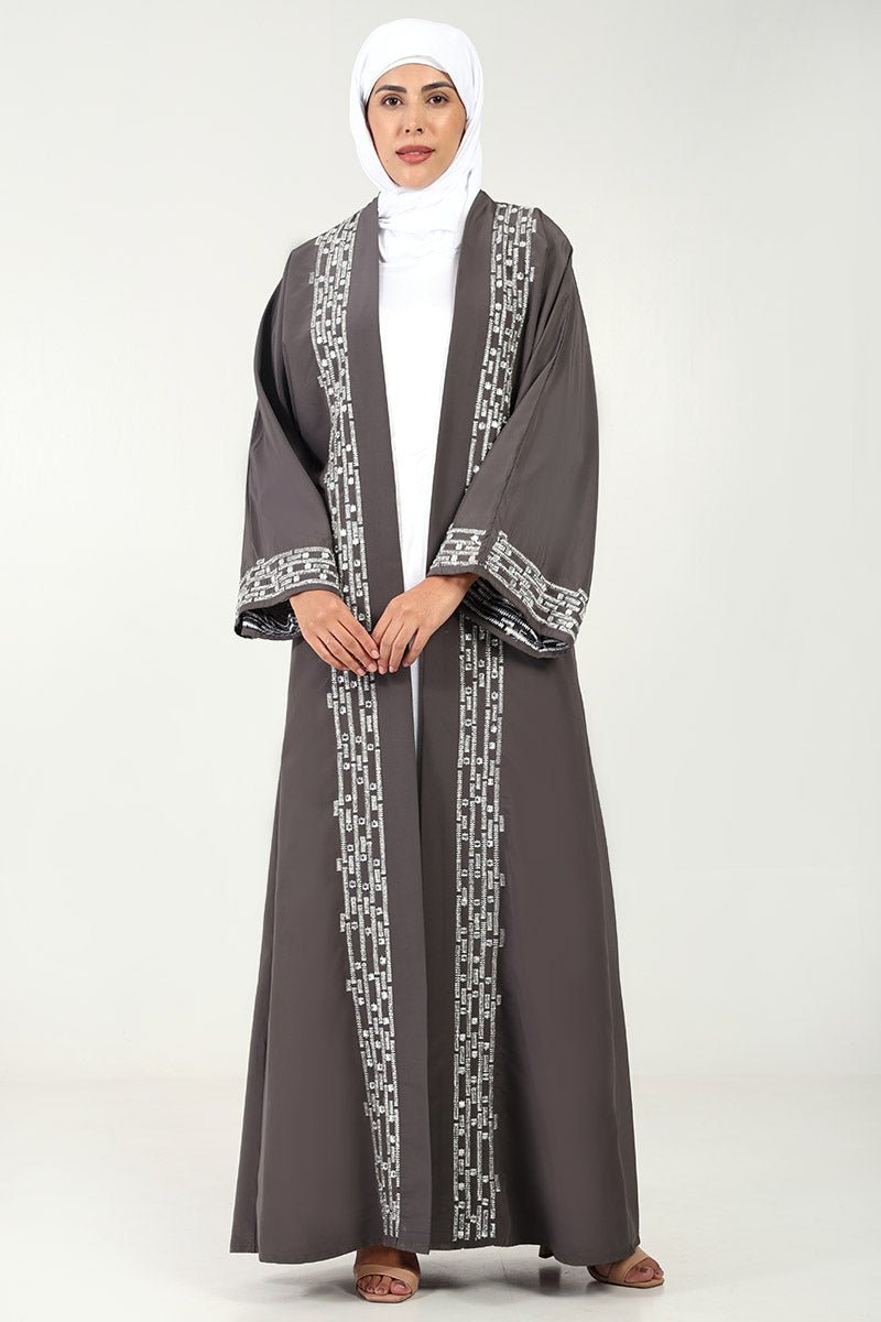 Elegant Kashibo Fabric 2 Piece Abaya Set with Zigzag Embroidery Grey - Modest Islamic Prayer Dress for Women, Perfect for Eid, Ramadan, and Special Occasions