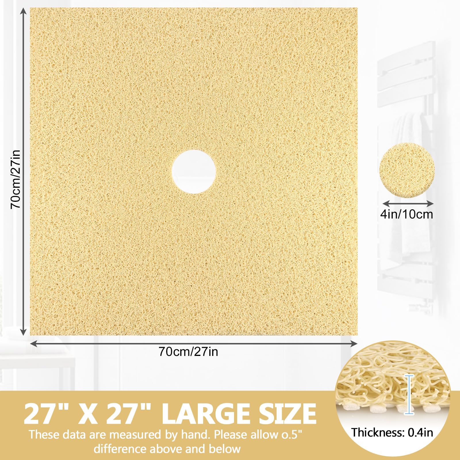 Non-Slip Square Shower Mat 27x27 Inch - Extra Large Loofah Bath Mat for Shower Stall with Drain Hole | Anti-Slip Bathroom Floor Mat for Safety & Comfort | Perfect for Tile, Bathtub & Standing Showers