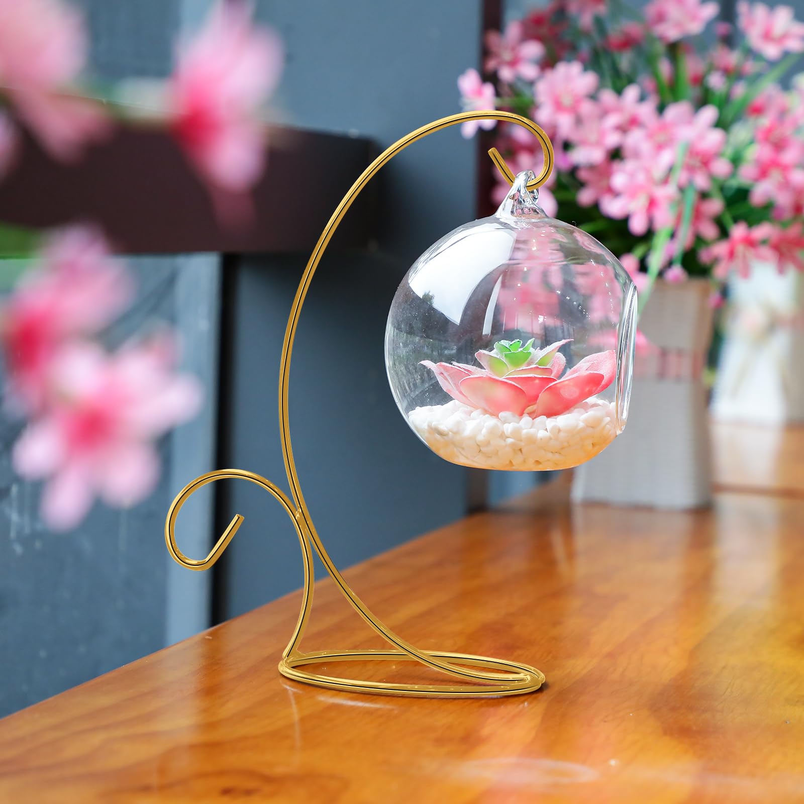 Tandefio 16 Pcs 9 Inch Gold Iron Hanging Display Stand - Christmas Ornament Holder for Glass Globes, Air Plants, Terrariums - Perfect for Holiday Decor, Table Centerpieces & Home Decoration