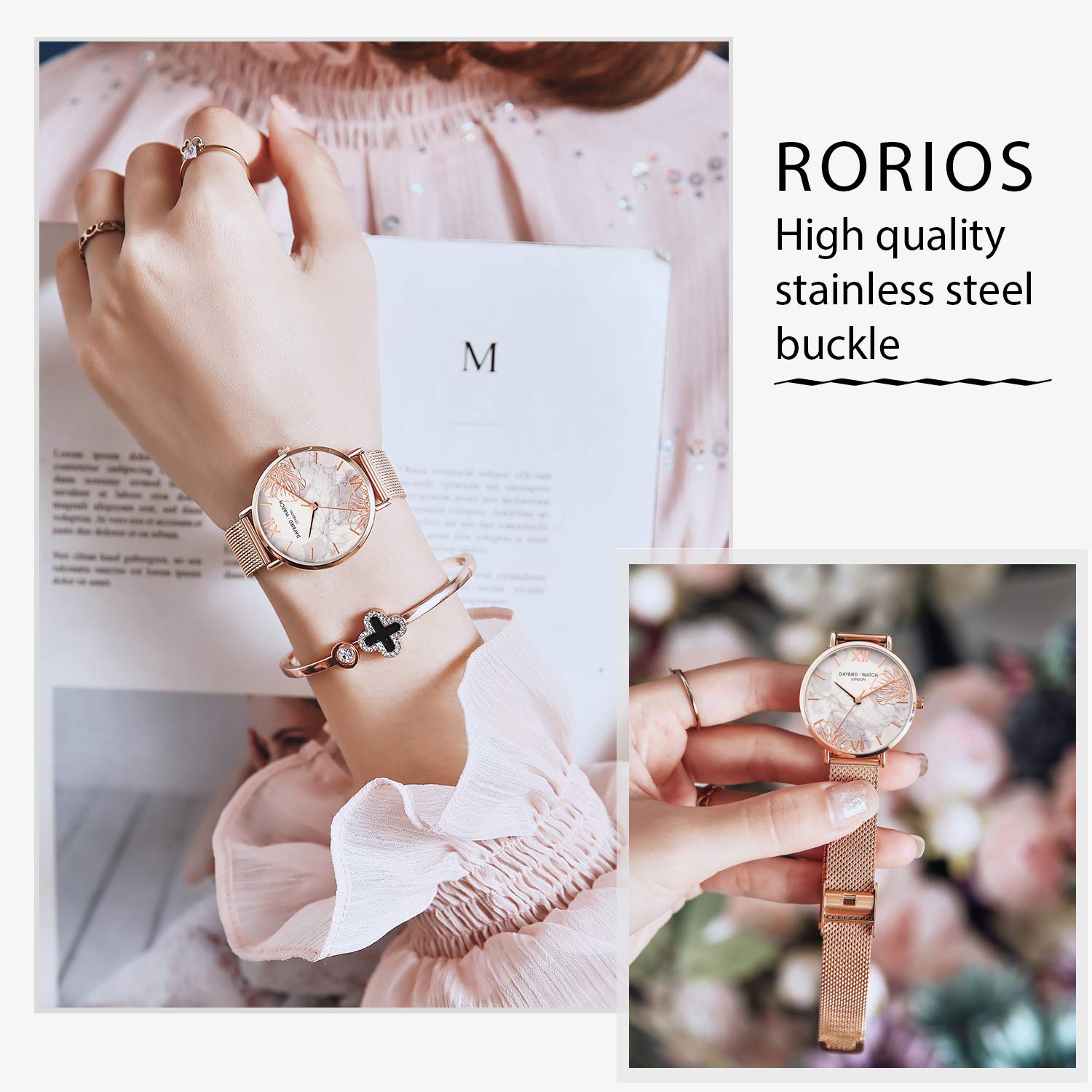 RORIOS Women's Watch - Flower Dial Stainless Steel Mesh for Everyday Elegance