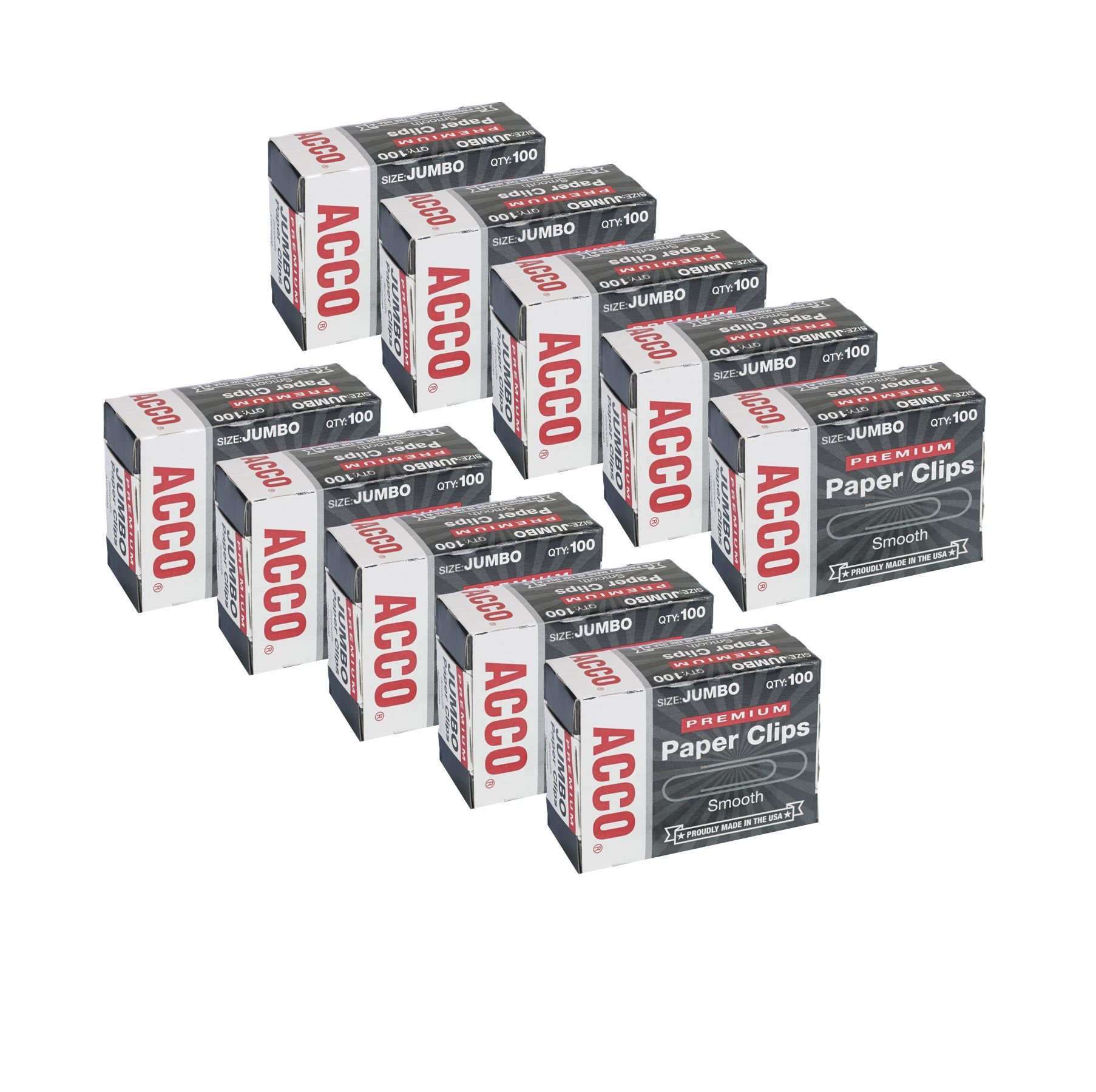 ACCO Premium Jumbo Paper Clips 1.75 Inch - Smooth Finish Non-Rusting Metal Clips - 100 Clips per Box, 10 Boxes (1000 Clips Total) - Ideal for Office, School, and Home Document Organization