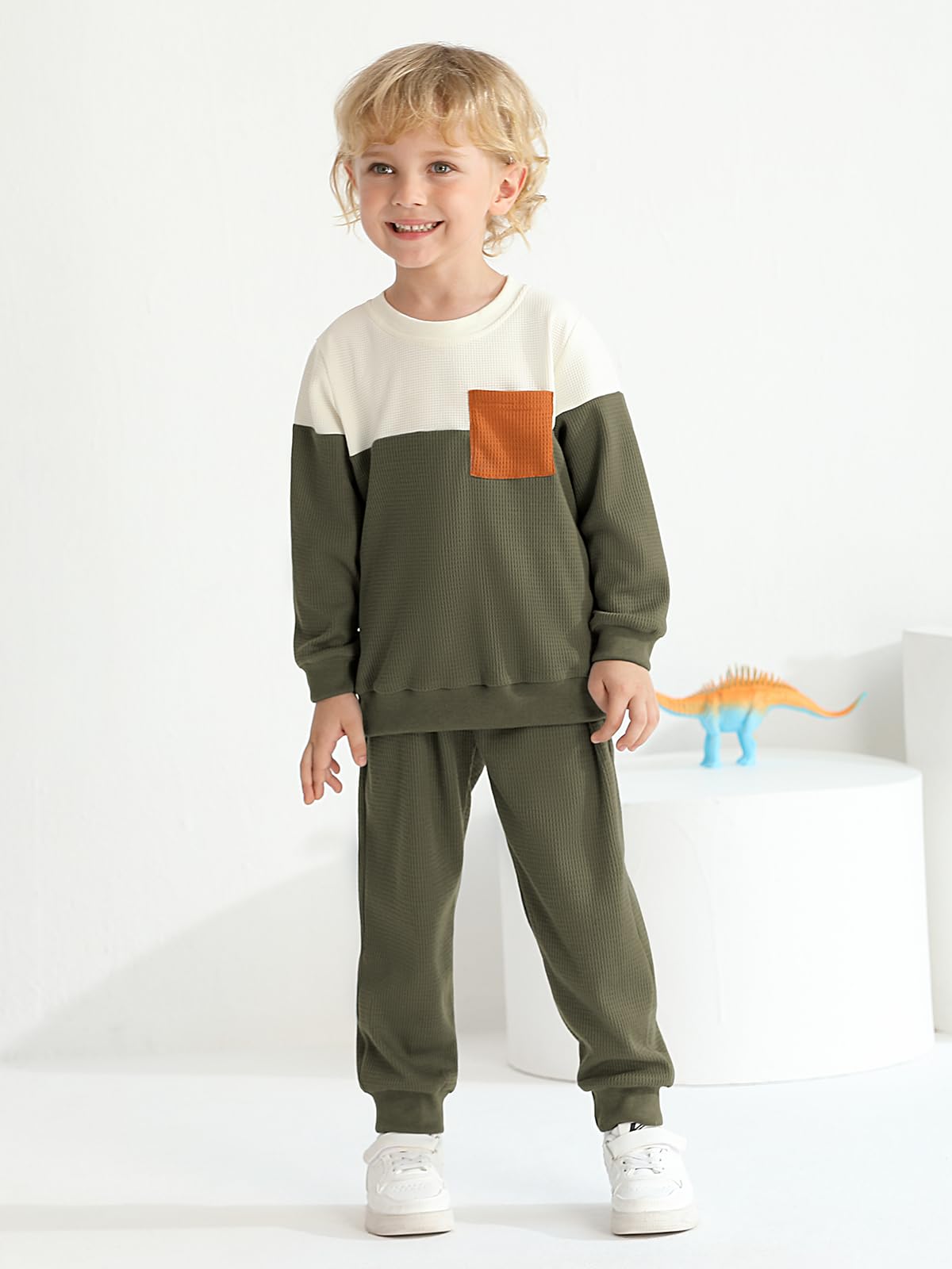 Toddler Baby Boy Fall Winter Clothes Set - Little Dude Print Embroidered Long Sleeve Sweatshirt & Pants Waffle Knit Outfit | Cozy Playtime & Outdoor Adventures