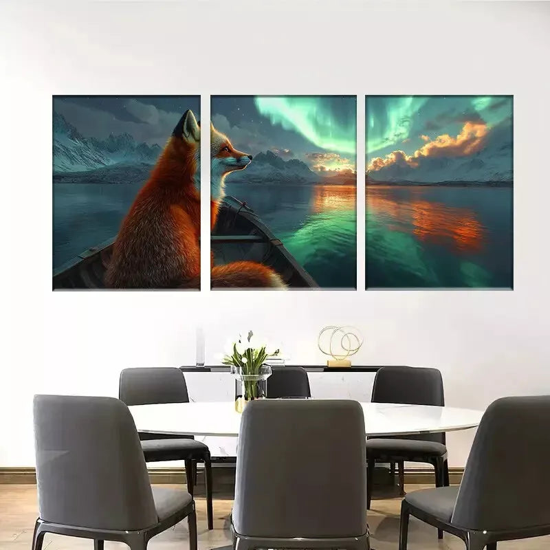 3-Piece Aurora Borealis Fox Canvas Print Set - Northern Lights Wall Art - Framed 40x60cm (16x24in) - High Quality Australian Made Canvas - Ready to Hang - Perfect for Living Room, Bedroom & Office Decor