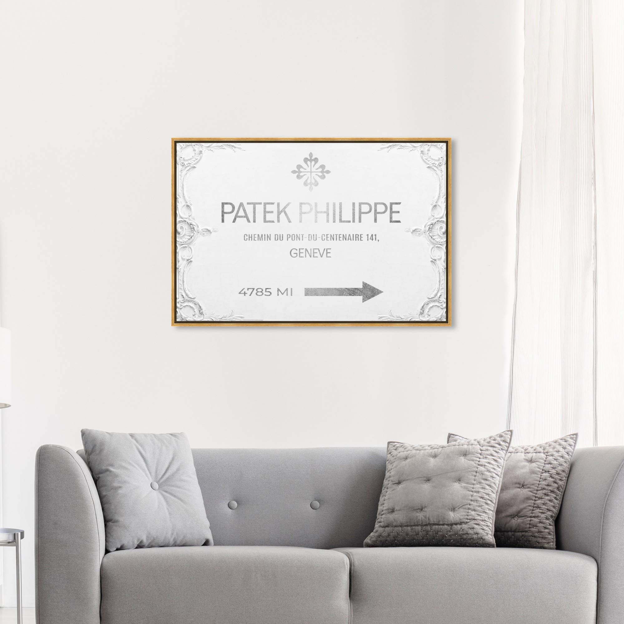 Oliver Gal Artist Co. Fashion & Glam Wall Art Framed Canvas Print - Geneva Watches Road Signs Home Decor, 45x30 Inches, Gray & White - Perfect for Living Room, Bedroom or Office Wall Decor