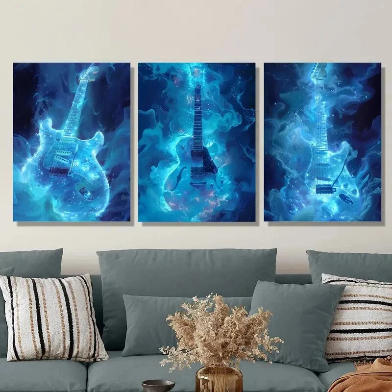 3-Piece Music Wave Poster Set - Guitar Themed Metal Wall Art - Ready to Hang - Perfect for Bedroom, Living Room & Music Studio Decor