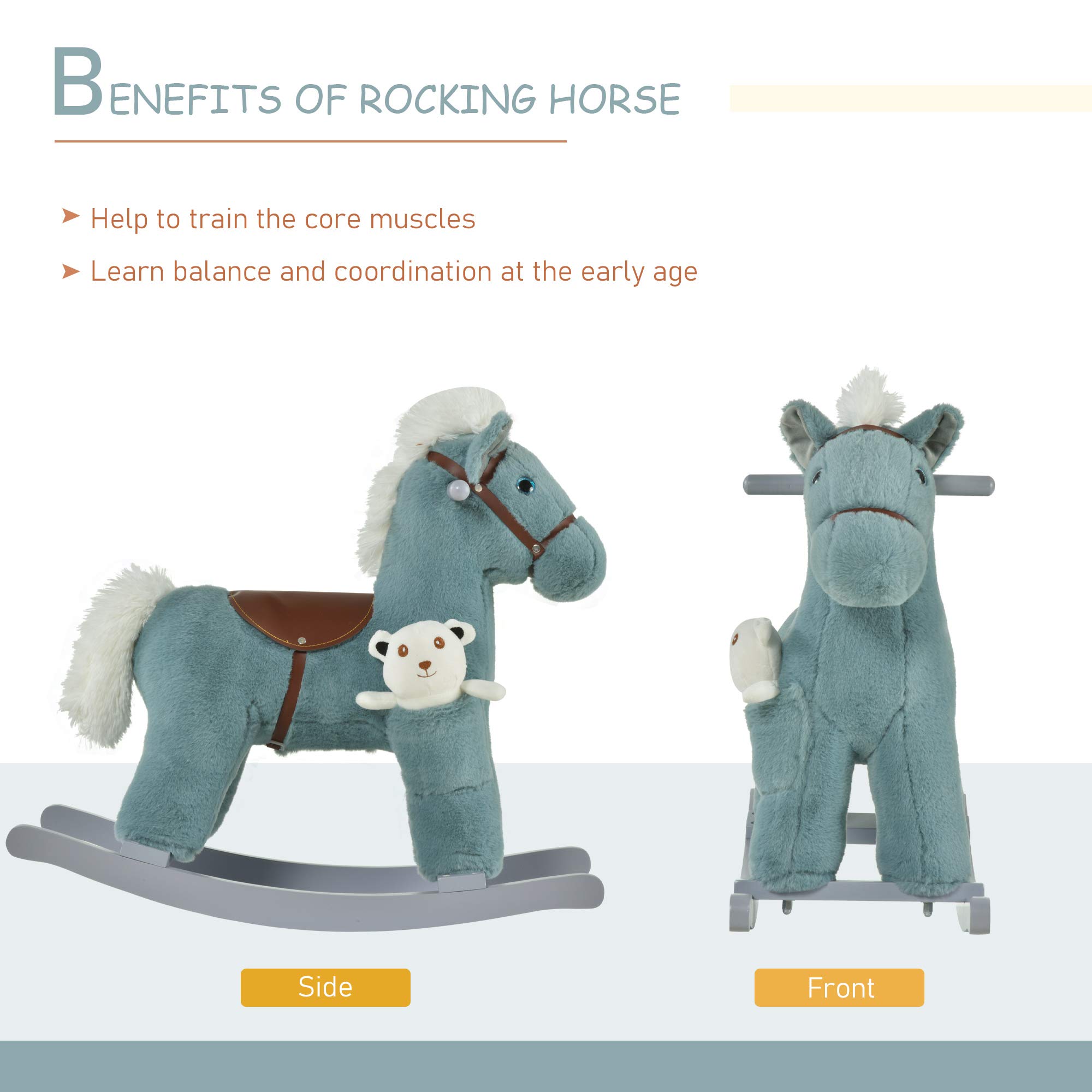 Qaba Kids Plush Ride-On Rocking Horse with Bear Toy - Soft Plush Children's Chair with Realistic Sounds, Blue | Fun Toddler Rocking Toy for Playroom & Nursery Decor