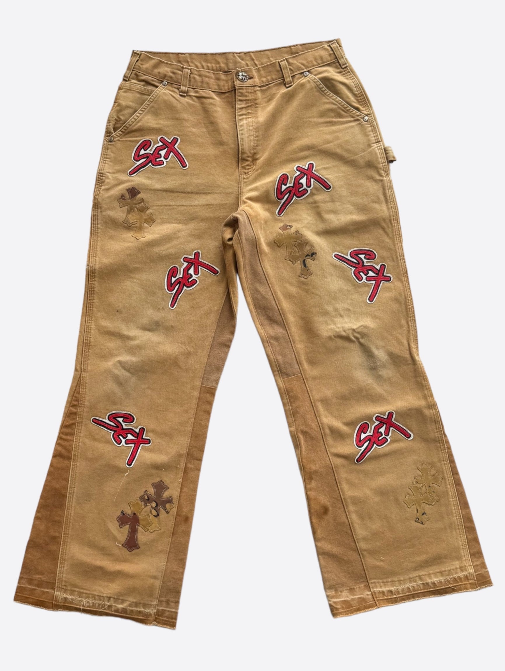 Chrome Hearts x Gallery Dept x Carhartt Tan Sex Records Cross Patch Carpenter Pants - Vintage Streetwear Jeans for Men | Perfect for Urban Fashion, Skating & Music Festivals
