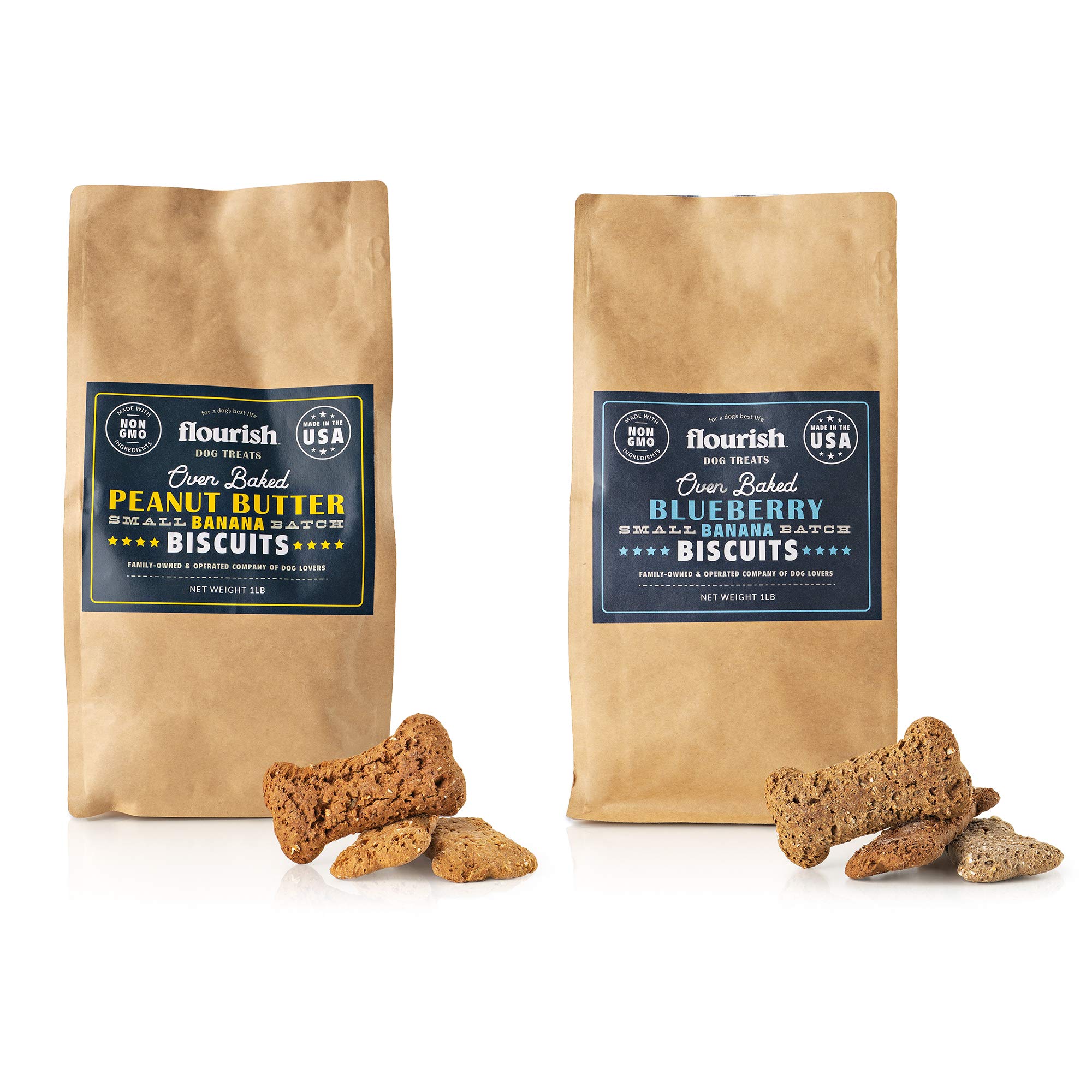 Organic Peanut Butter Banana & Blueberry Banana Dog Biscuits - All-Natural Crunchy Dog Treats for Training & Rewards | Made in USA | Variety Pack of 2 | Perfect for Puppy Training, Dog Walks & Positive Reinforcement