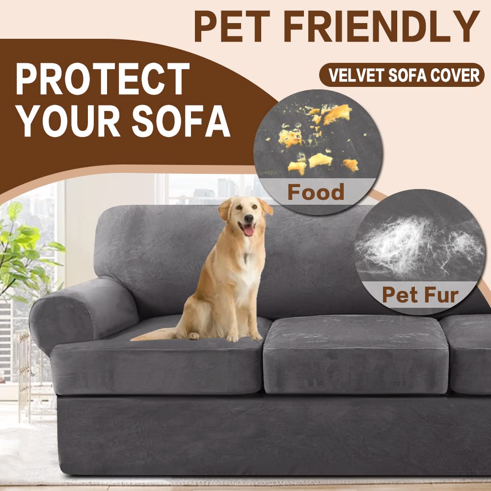 Velvet T-Cushion Sofa Slipcover Set - 4-Piece Soft Couch Cover with 3 Individual T-Shaped Seat Covers - Furniture Protector for Living Room (Grey) - Perfect for Sectional Sofas, Home Decor & Pet Protection