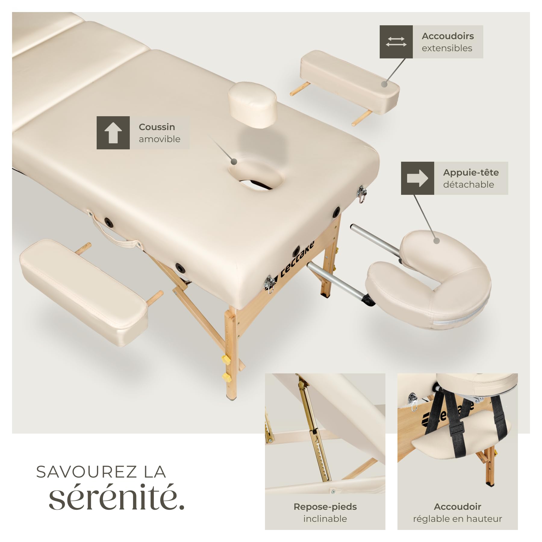 TecTake Foldable Massage Table with 7.5cm Padding, Professional Beauty Table with Ergonomic Armrest & Headrest, Includes Carrying Case - Beige | Perfect for Home Spa, Professional Massage Therapy & Salon Treatments