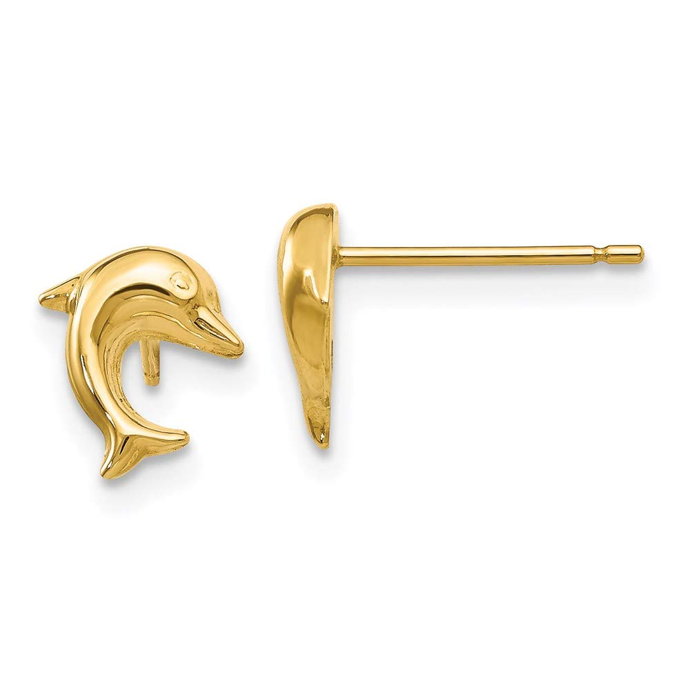 14K Yellow Gold Small Dolphin Button Earrings for Women - 9mm Post Studs - Perfect for Everyday Wear, Gifts, and Beach-Themed Jewelry