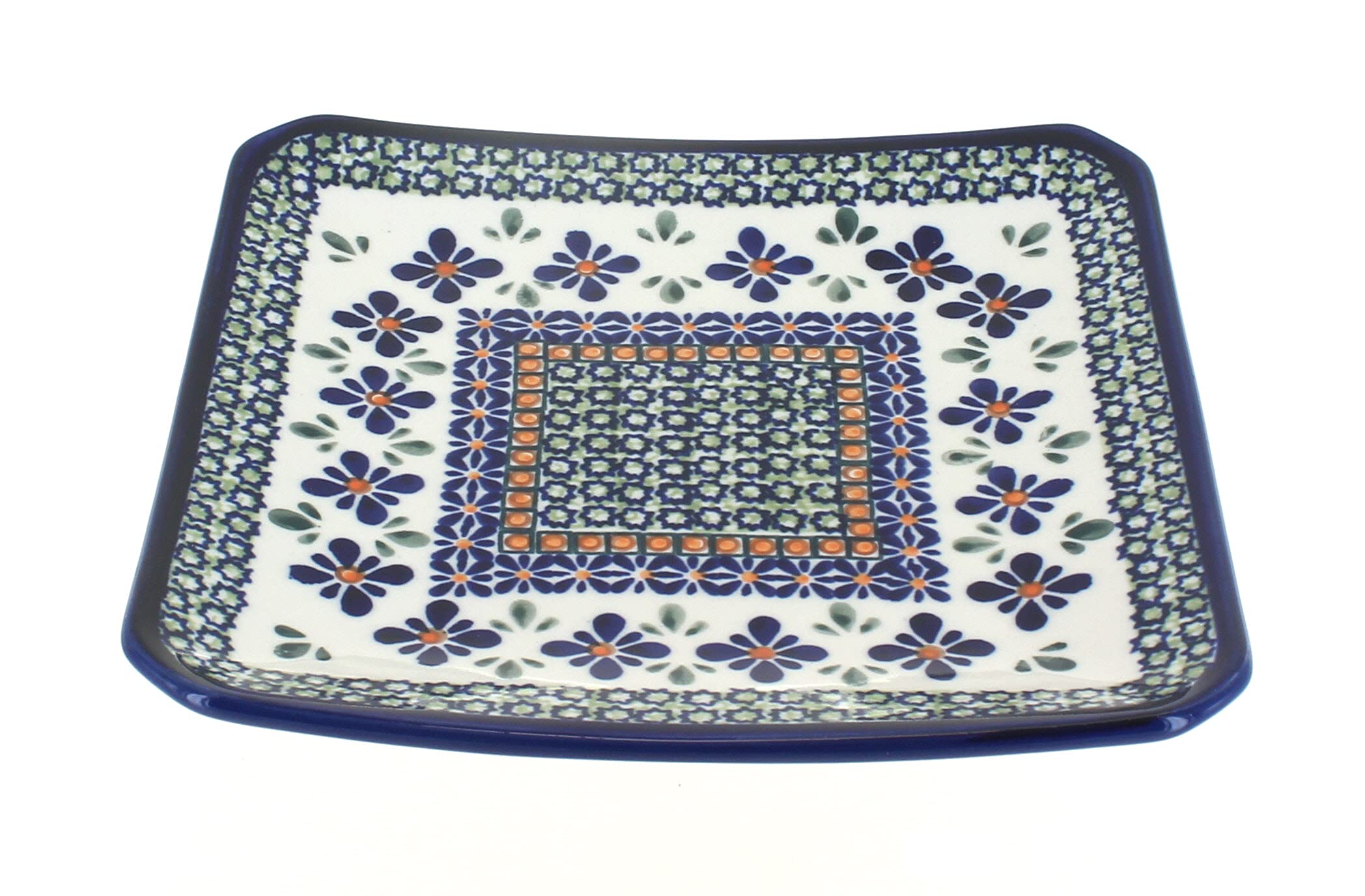 Handmade Blue Rose Polish Pottery Mosaic Flower Square Dessert Plate - Elegant Serving Dish for Tea Parties, Weddings & Home Decor