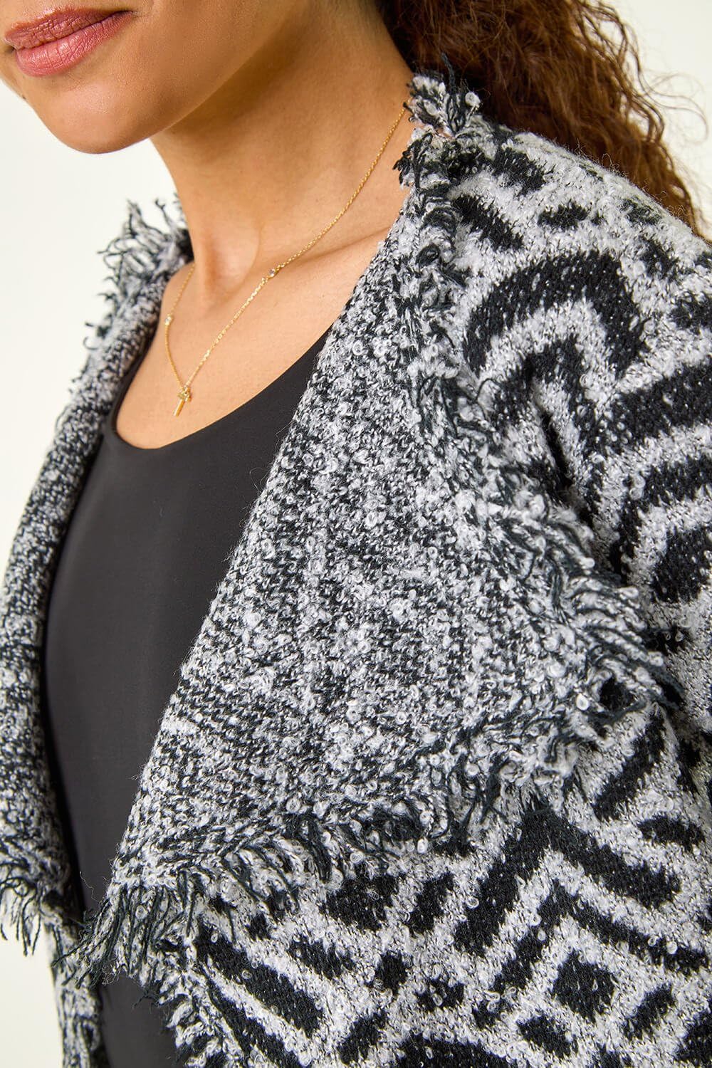 Roman Originals Women's Contrast Fringed Boucle Cardigan - Stylish Shawl Collar Knitwear for Autumn & Winter | Cozy Everyday Wear & Holiday Outfits | Perfect for Office, Dates & Casual Occasions