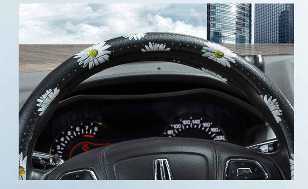Premium Leather Floral Steering Wheel Cover - Universal Fit 36-38cm, Anti-Slip Car Accessory for Women | Fashionable Black & White Design | Perfect for Daily Commute & Road Trips