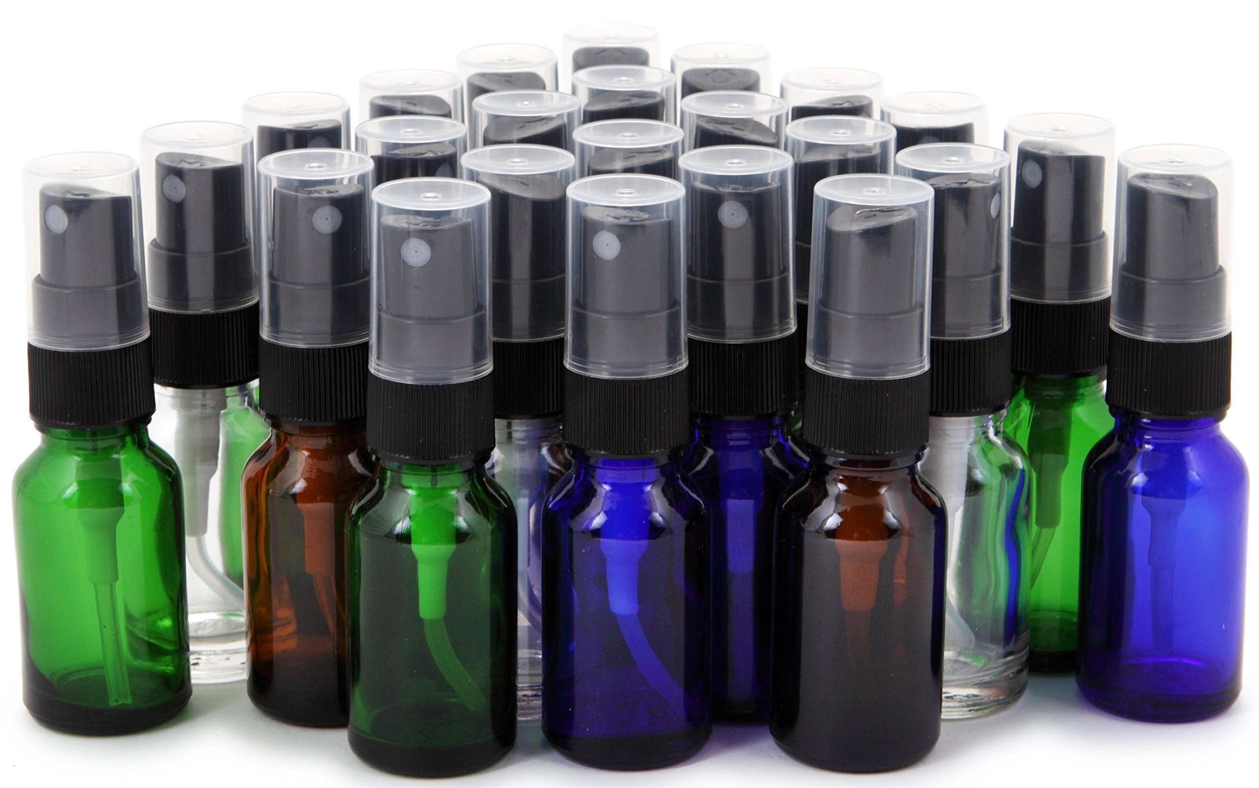 Vivaplex 24-Pack Assorted Color 15ml (1/2 oz) Glass Bottles with Black Fine Mist Sprayers - Perfect for Essential Oils, Perfumes, DIY Beauty & Travel Size Liquids
