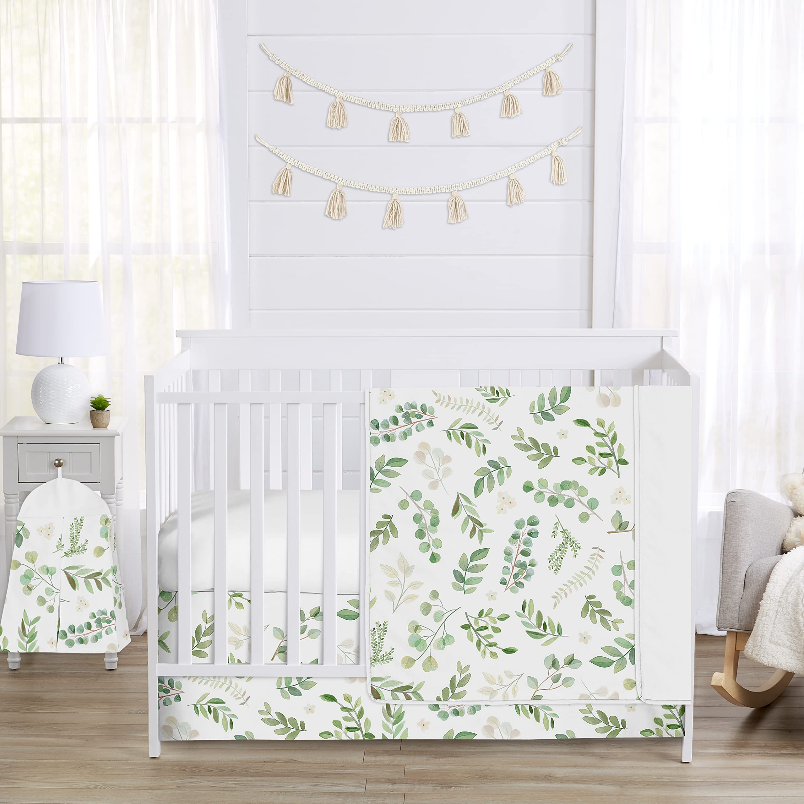 Sweet Jojo Designs Floral Leaf Baby Girl Nursery Crib Bedding Set - 4 Piece Crib Skirt, Fitted Sheet, Pillowcase & Blanket - Green White Boho Watercolor Botanical Woodland Tropical Garden Theme - Perfect for Newborn Infant Room Decor & Baby Shower Gifts