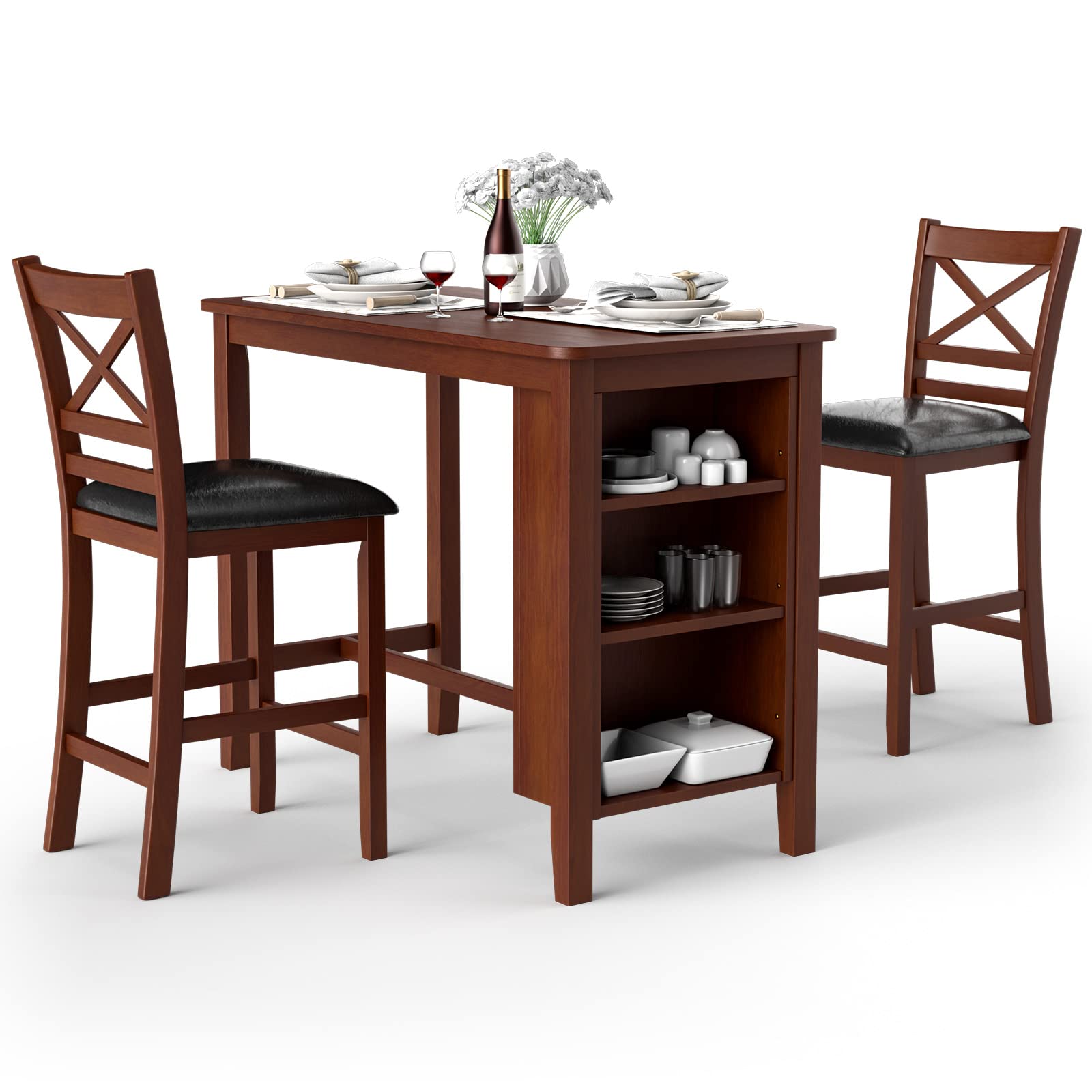 COSTWAY 3-Piece Counter Height Dining Table Set with 2 Upholstered Chairs & Storage Shelves, Kitchen Pub Table for Small Spaces, Breakfast Nook, Dining Room - Antique Walnut & Black (1 Table + 2 Chairs) | Perfect for Apartments, Condos, Bistros and Home Bars