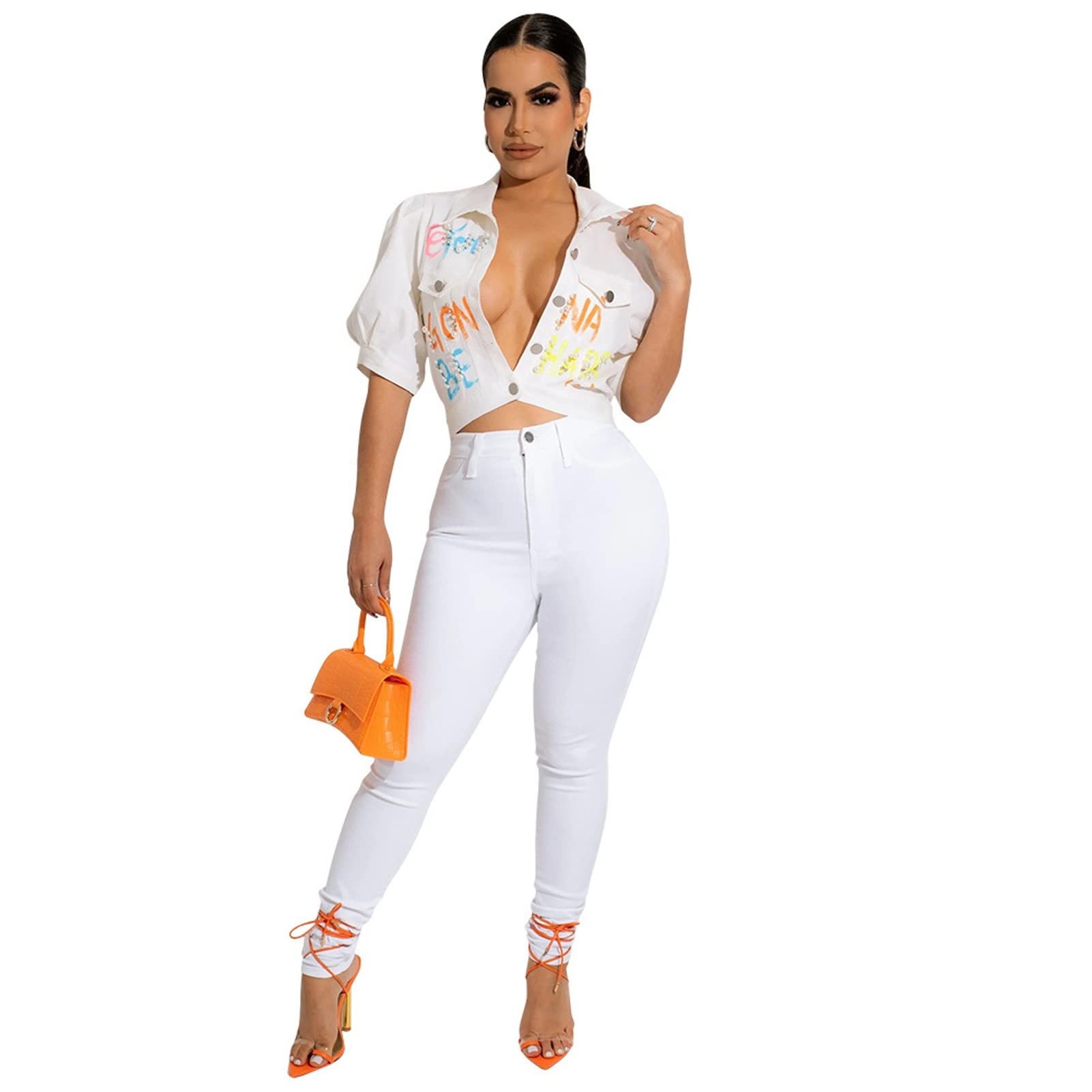 ZXTING Women's Short Sleeve Denim Crop Top with Tie Knot - Printed Gun Beads Design, Straight Single Breasted Cardigan (White, X-Large) | Perfect for Summer Outfits, Beach Wear and Casual Fashion