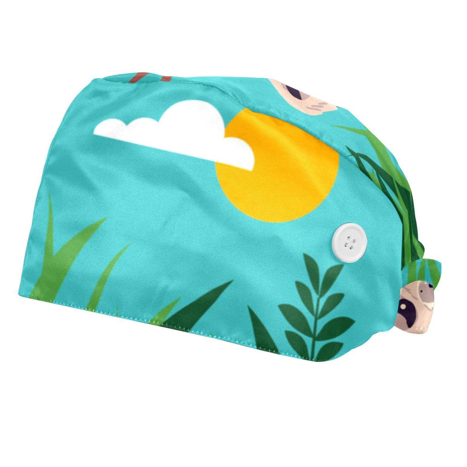 Sloth Green Animal Print Bouffant Hat with Adjustable Tie Back & Sweatband - Unisex Working Cap for Women & Men - Perfect for Outdoor Work, Gardening, and Costume Parties