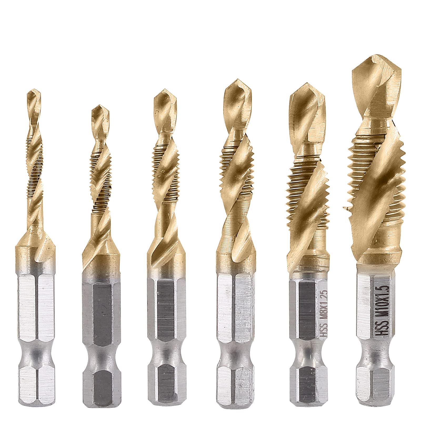 6-Piece M3-M10 Titanium HSS Metric Drill Tap Set - Combination Drill, Countersink & Deburr Bits - Spiral Tap & Rethreading Bits for Sheet Metal, Aluminum Plates - Perfect for Metalworking, DIY Projects & Automotive Repairs