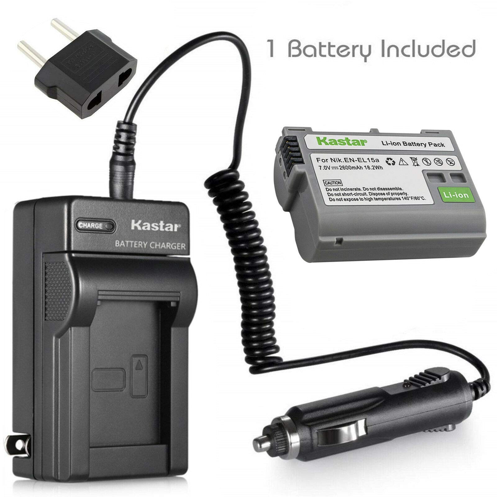 Kastar 1-Pack EN-EL15 Battery & AC Wall Charger with Car Adapter for Nikon D500 D600 D610 D750 & 1 V1 Cameras - Perfect for Travel Photography and On-the-Go Charging