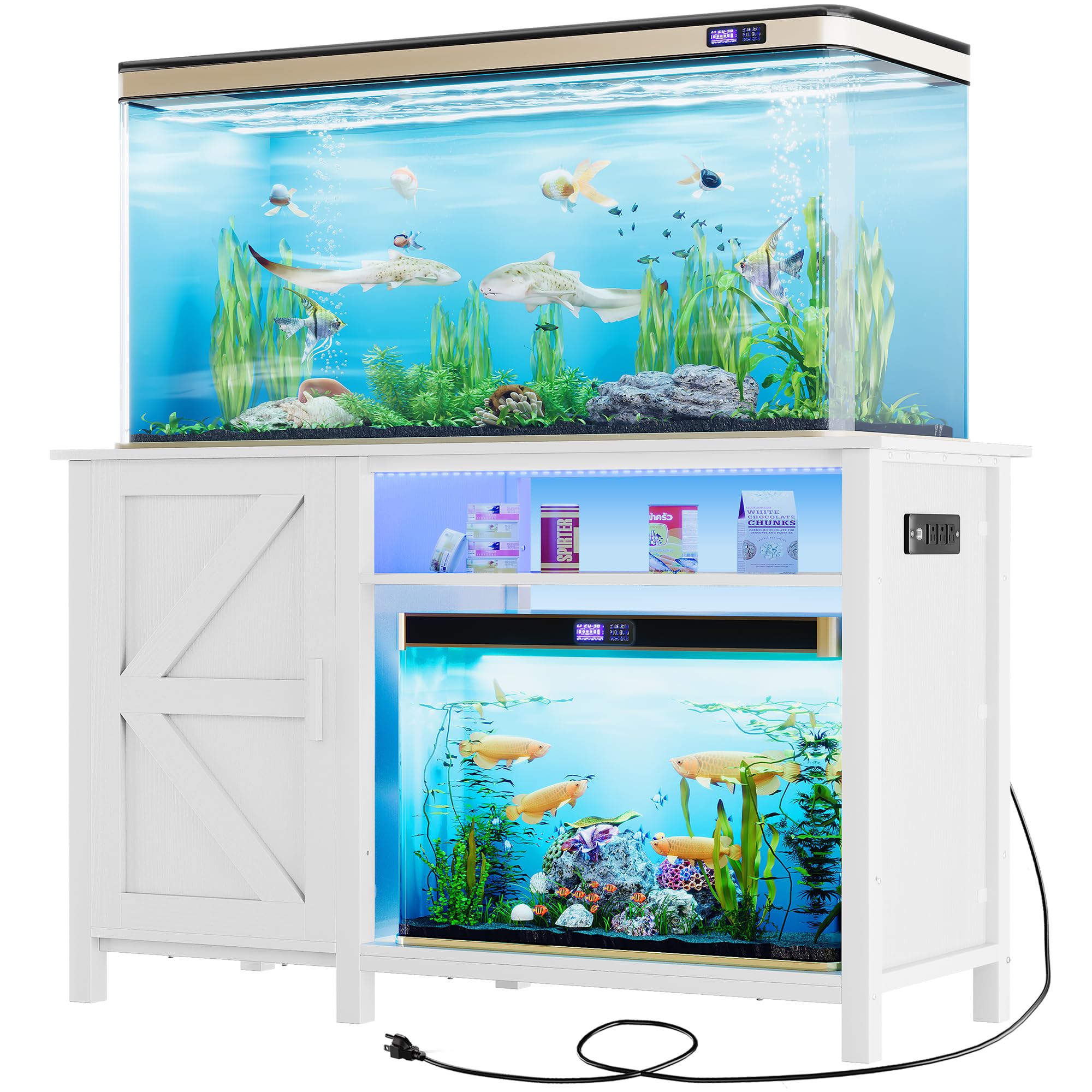 YITAHOME 55-75 Gallon Aquarium Stand with Power Outlets & RGB Lighting - Heavy Duty 900LBS Capacity Fish Tank Cabinet for Turtle Tanks, Reptile Terrariums - Perfect for Living Room, Bedroom or Office Decor (White)