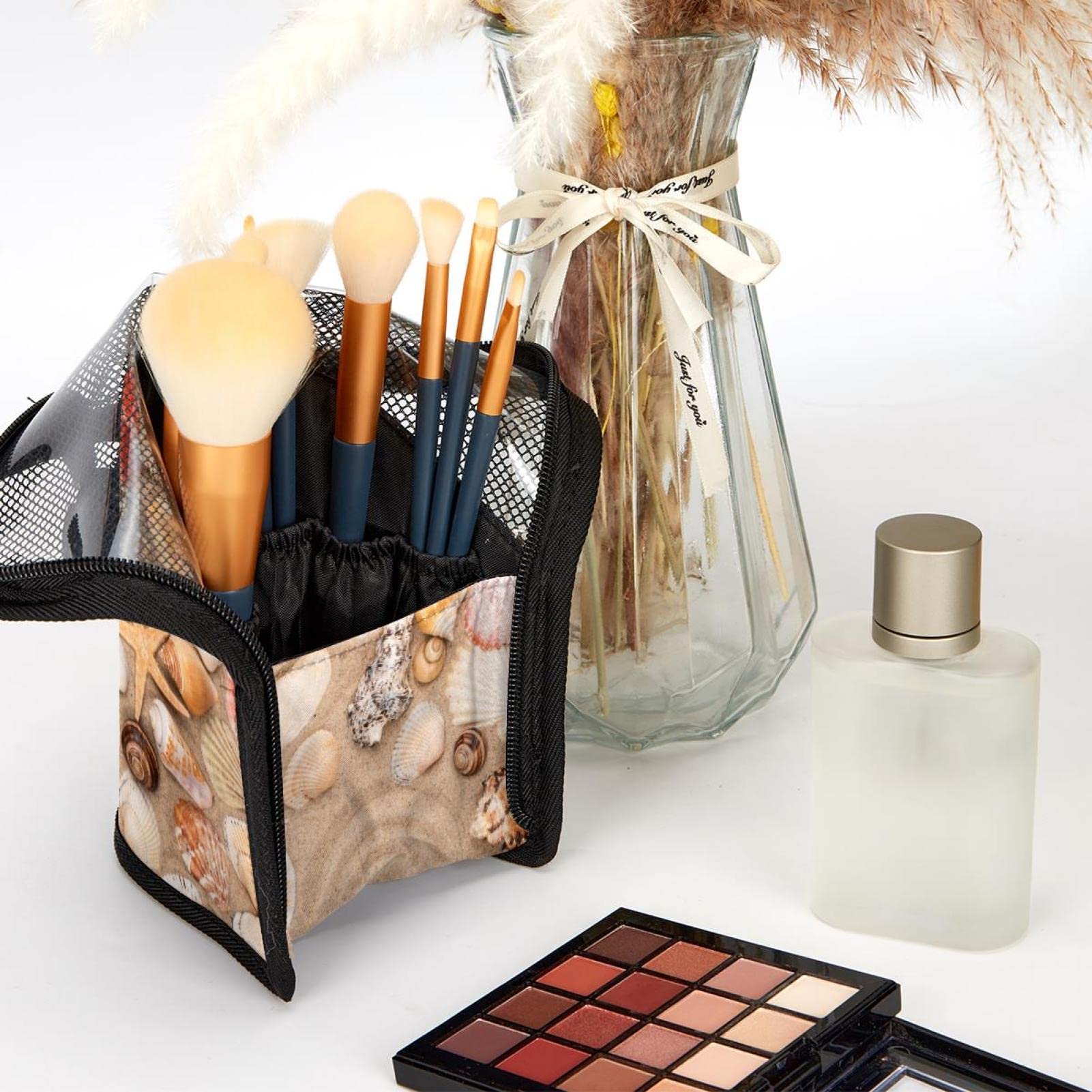 12-Piece Makeup Brush Organizer Bag with Starfish Design - Portable Cosmetic Brush Holder Case for Travel & Beach Makeup Application