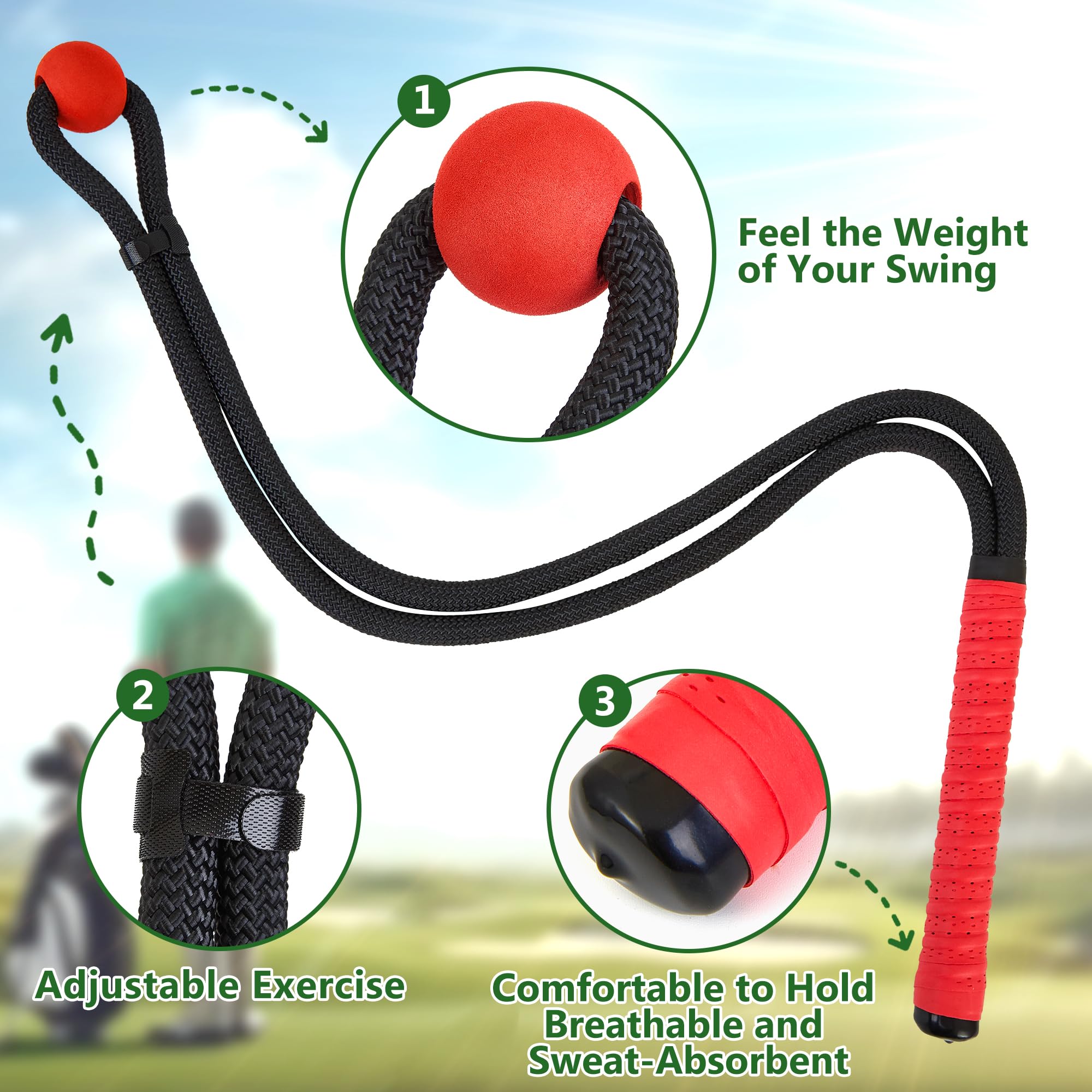 Golf Swing Trainer Rope Aid - Speed Power Tempo Training Tool with Weighted Ball | Indoor/Outdoor Club Rope Whip for Posture Practice & Lag Shot Drills | Perfect Golf Exercise Equipment for Driving Range & Backyard Practice (Red)