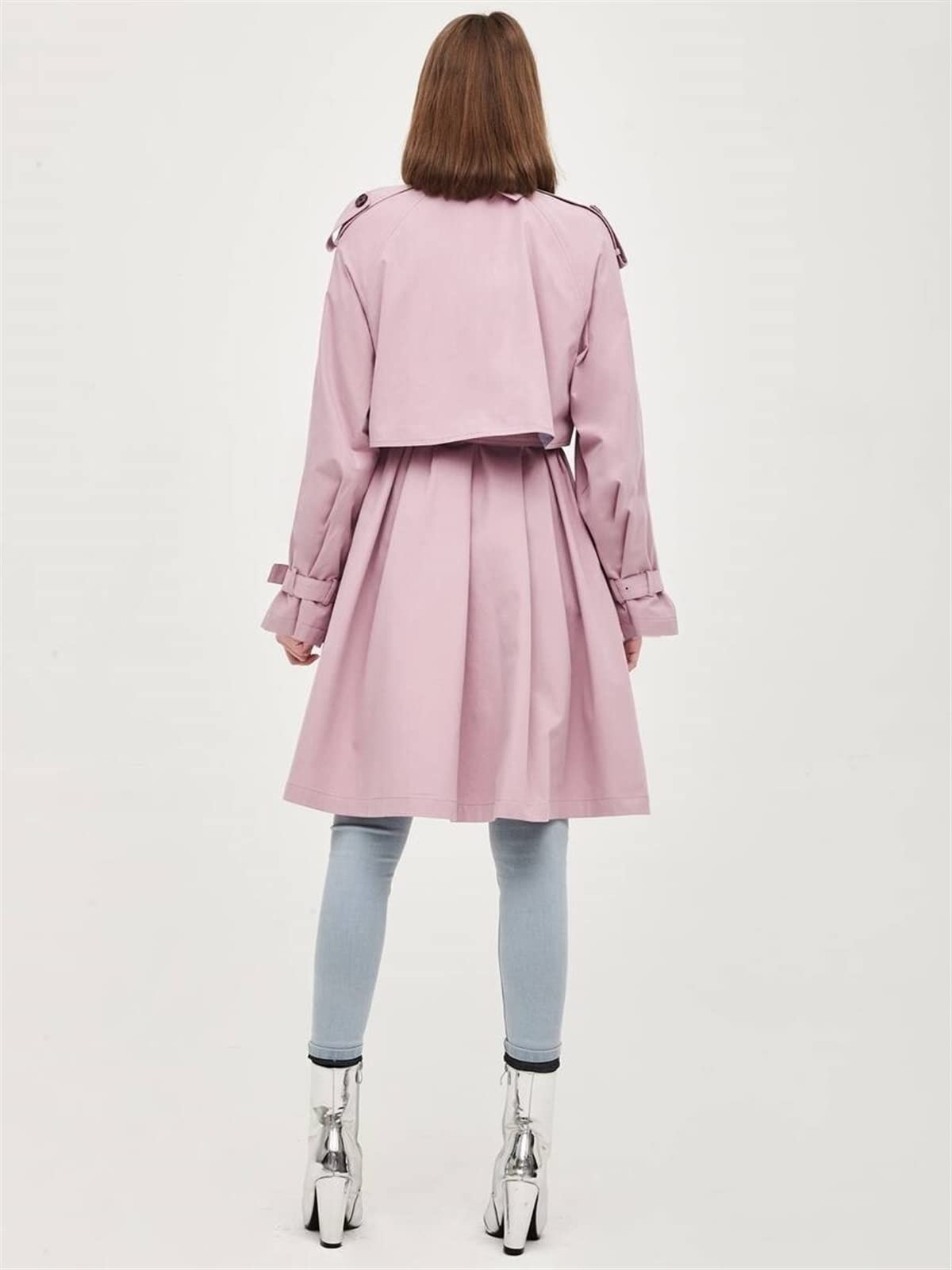 Women's Fashion Trench Coat with Wrap Belt & Slant Pockets - Spring/Autumn Casual Outerwear (Baby Pink, Size M) | Perfect for Office, Dating & Everyday Wear