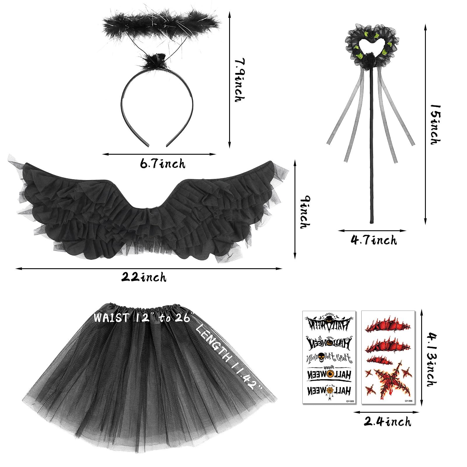 Black Angel Wings & Halo Costume Set for Girls 4-12 Years - Fallen Angel Dress with Wings, Halo, Devil Wand & Tattoo Stickers - Perfect for Halloween, Cosplay, Theme Parties & Dress-Up Play