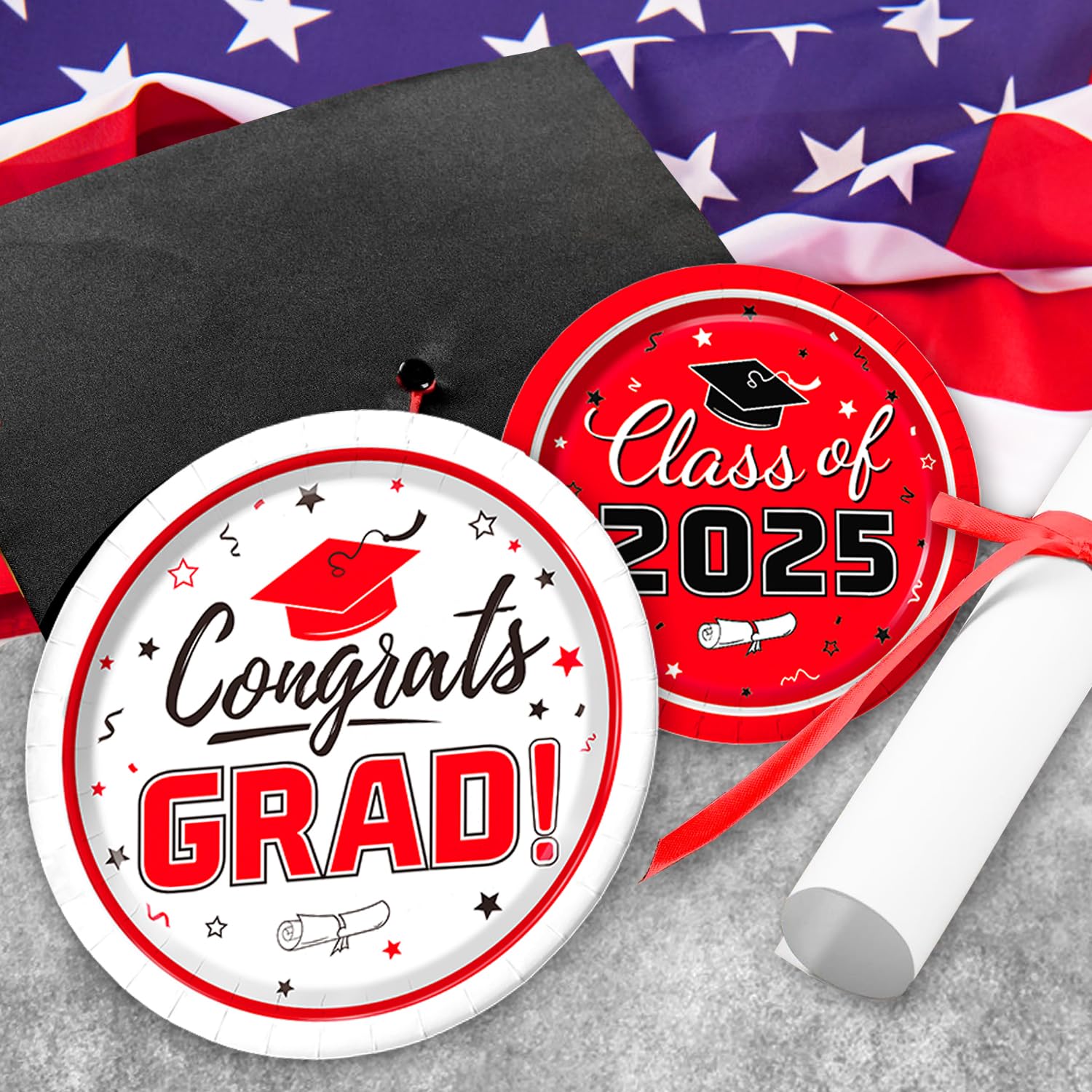Class of 2025 Graduation Party Supplies Kit for 50 Guests - Red Disposable Dinner Plates, Dessert Plates & Napkins - Perfect for Grad Party Decorations & Celebration Events