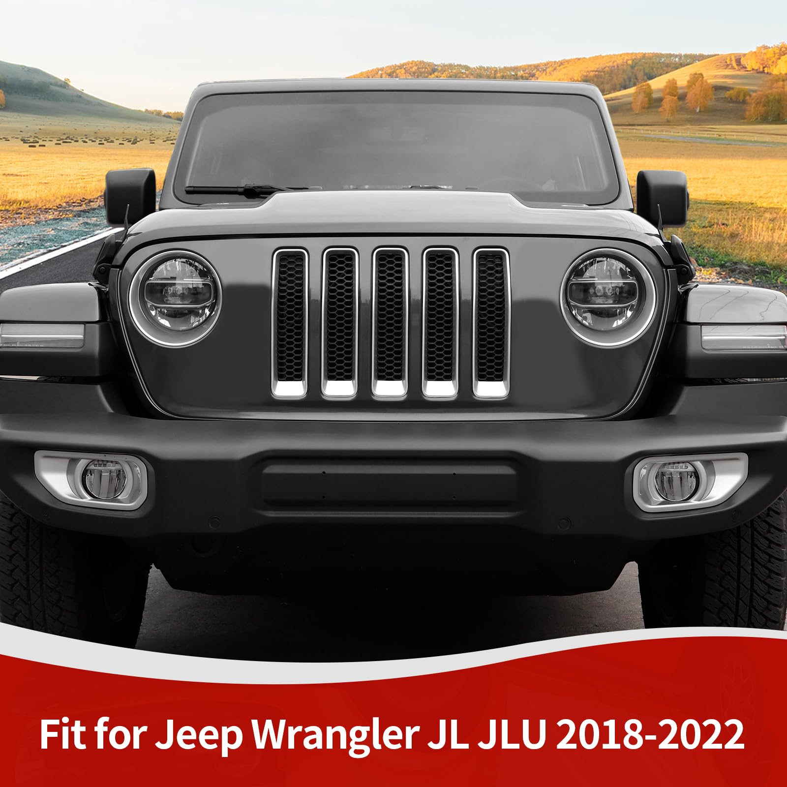 RT-TCZ Silver Mesh Front Grille Grill Insert & Headlight Cover Trim for Jeep Wrangler JL/JLU (2018-2022) - 9-Piece Exterior Accessories Kit for Off-Road Protection & Style Enhancement