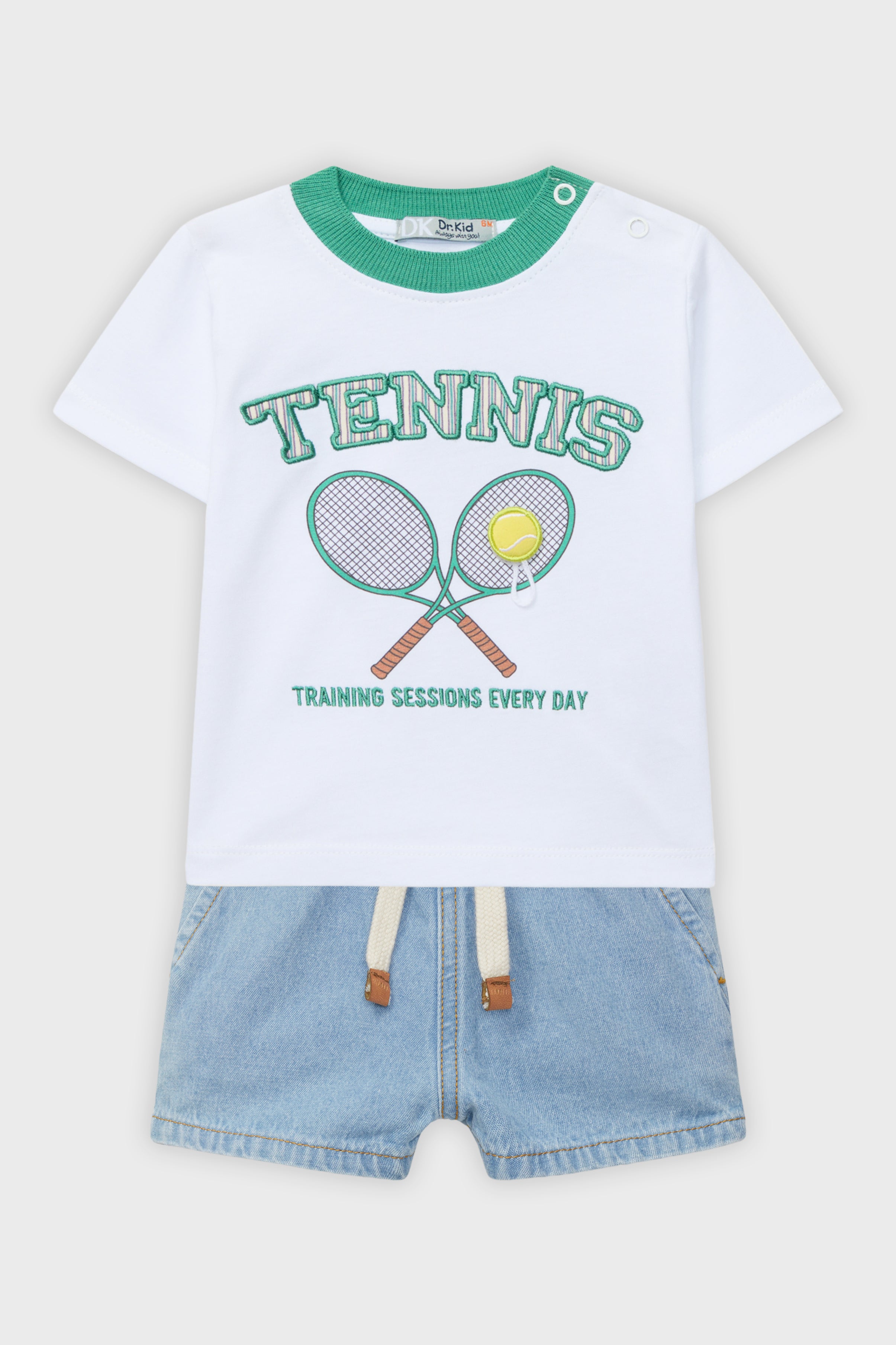 Breathable Green Tennis T-Shirt & Comfortable Denim Shorts Set - Perfect for Outdoor Sports, Casual Wear, and Summer Activities