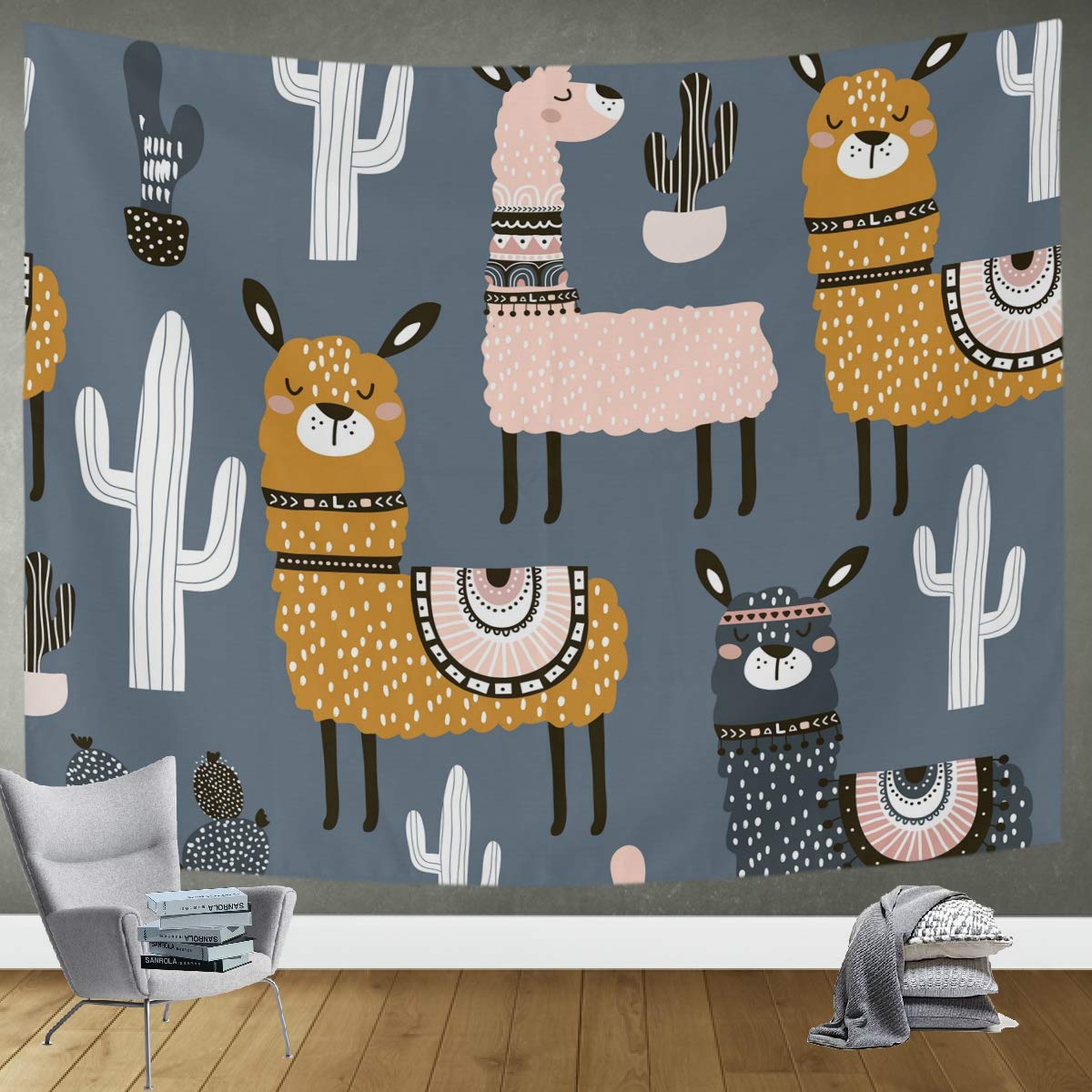 DOMIKING Wall Hanging Tapestry - Cute Llamas & Cartoon Cactuses Boho Wall Art 60x51in for Bedroom, Living Room, Dorm Decor | Hippie Aesthetic, Trippy Home Decor, Perfect for Boho Chic & Teen Room Styling
