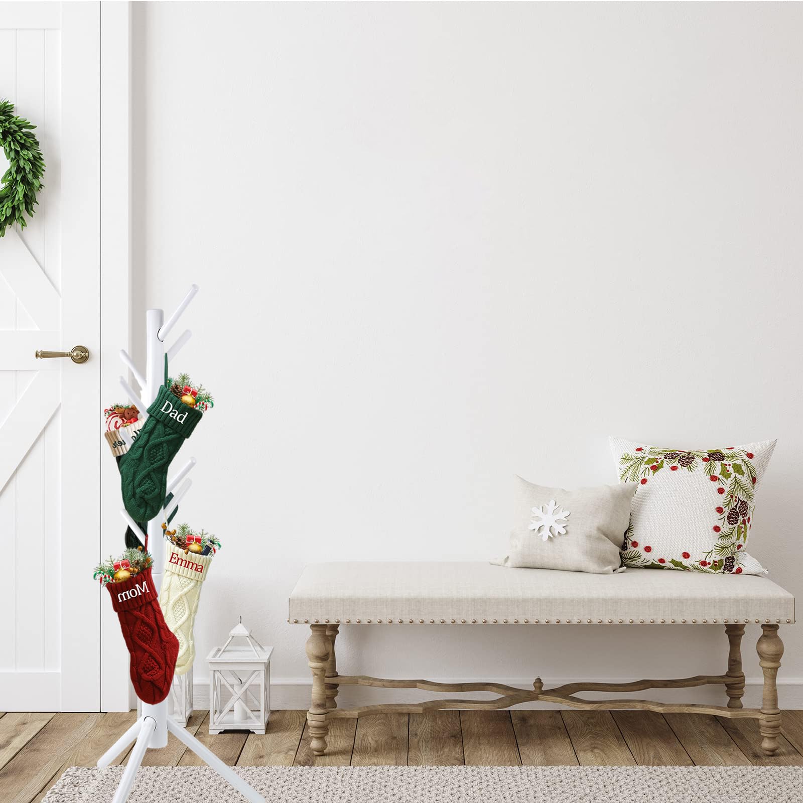 Wooden Christmas Stocking Holder Stand with 8 Hooks - White Hanging Stocking Hanger for Fireplace Mantel, Wall Decor, Holiday Home Decoration