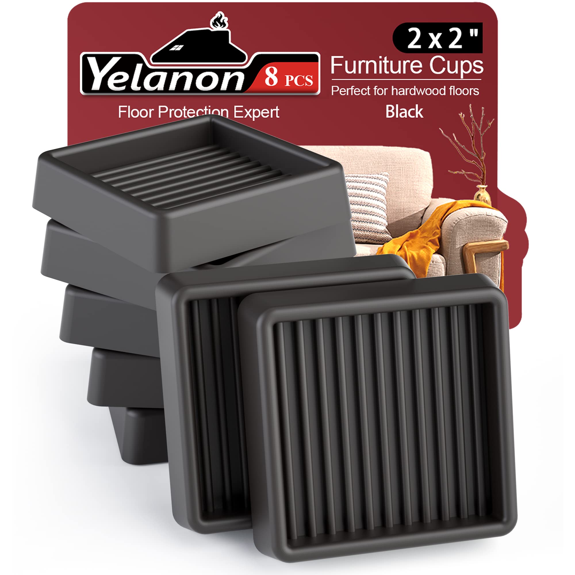 Yelanon 8-Piece 2-Inch Non-Slip Furniture Coasters - Rubber Caster Cups for Hardwood Floors, Anti-Skid Grippers & Floor Protectors - Perfect for Beds, Couches, Chairs & Heavy Furniture to Prevent Scratches & Sliding