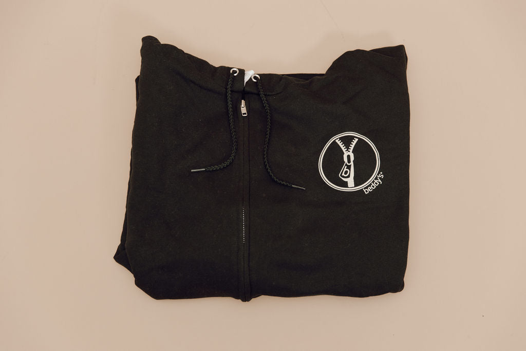 Beddy's Zip Up Hoodie for Women & Men - Soft Fleece Black Pullover with Front Pockets | Cozy Loungewear for Home, Travel & Outdoor Activities