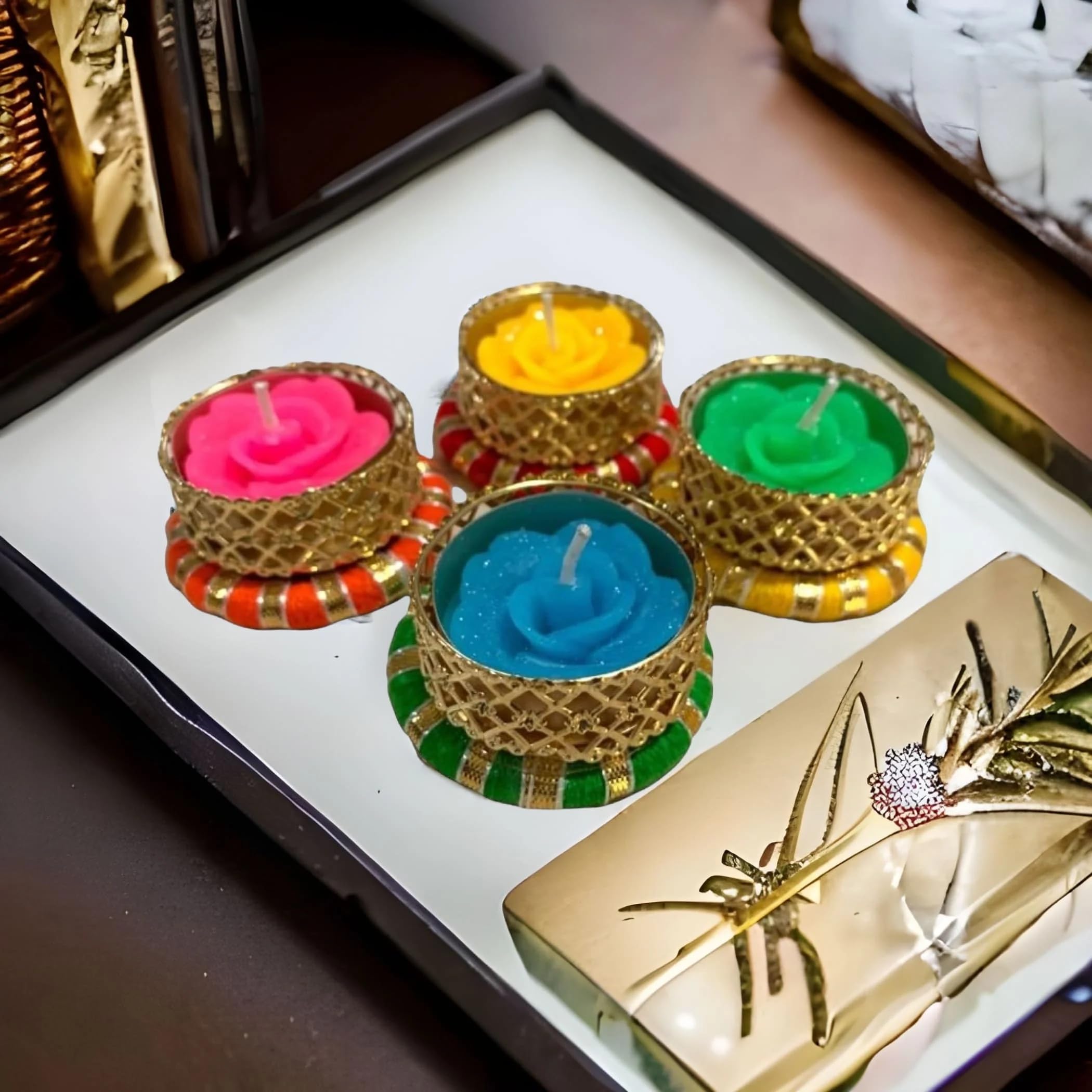 LOVENSPIRE 8-Piece Round Tealight Candle Holders - Decorative Votive Diya for Home, Wedding, Christmas & Indian Festival Decor - Boho Style Lighting Accessories for Pooja, Table Centerpieces & Romantic Ambiance