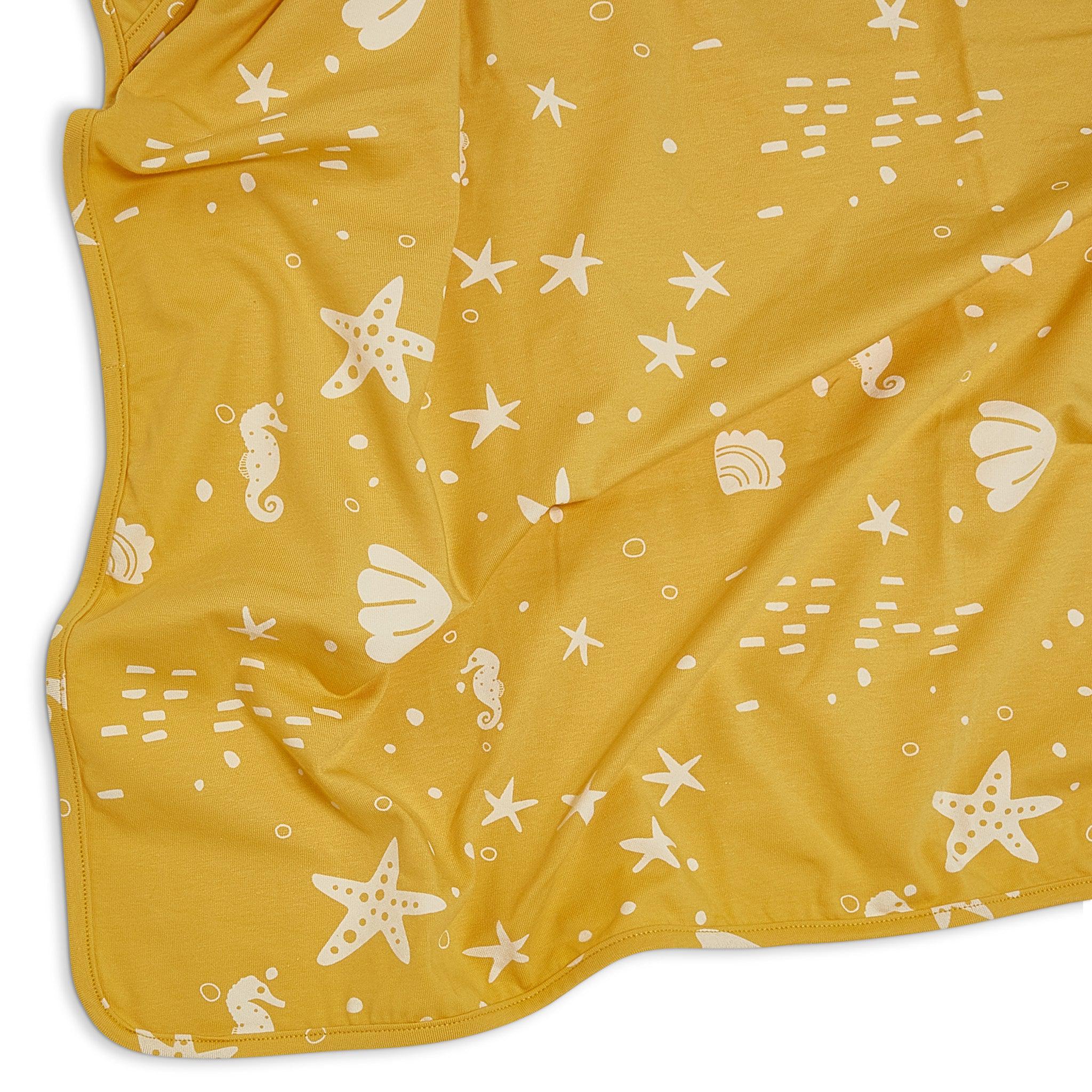Organic Print Receiving Blanket - Sunny Yellow Seashells Design | Soft Baby Swaddle Blanket for Newborns | Perfect for Nursery, Gift Giving & Photo Shoots
