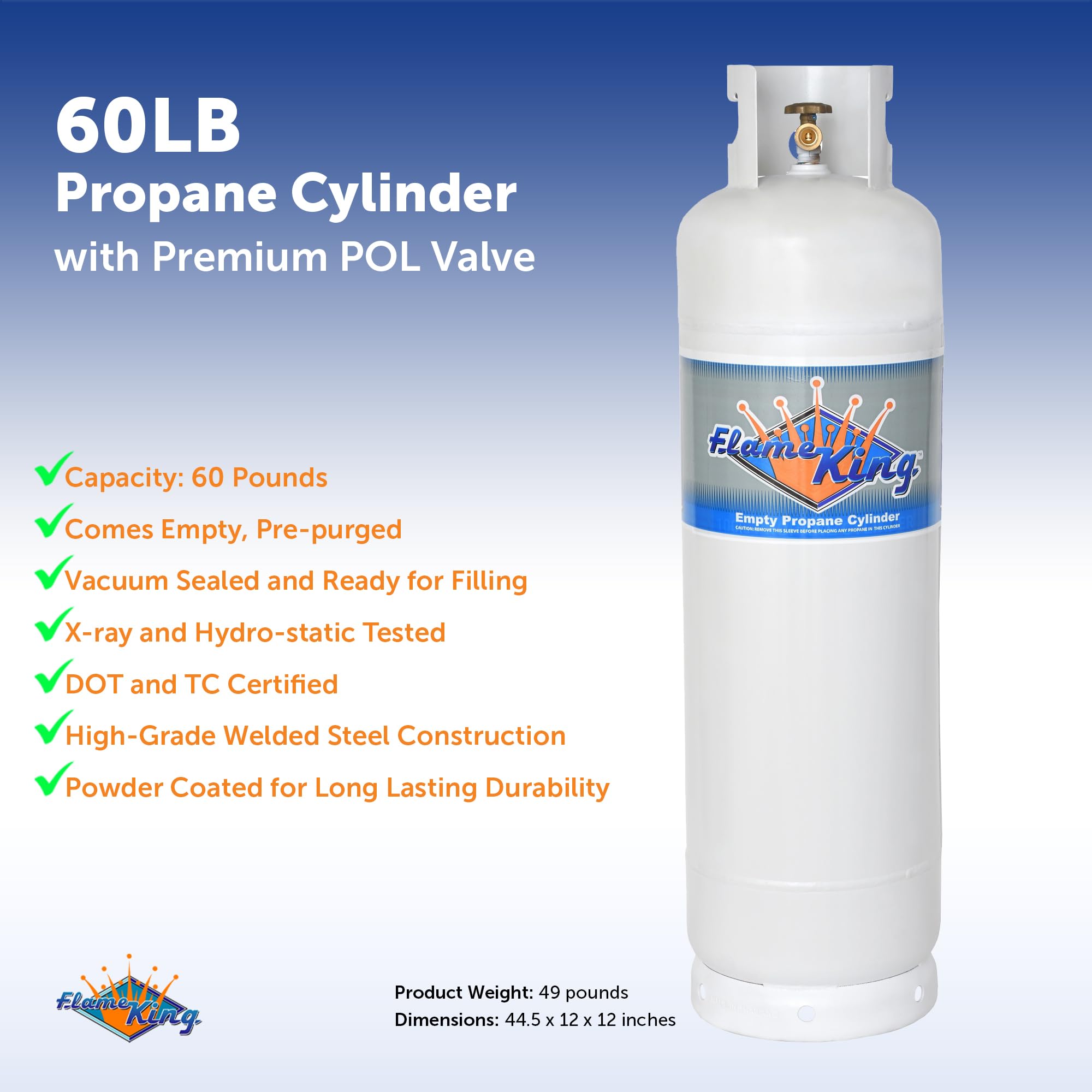 Flame King YSN60LB 60LB Refillable Steel Propane Tank Cylinder - RV, Camping, BBQ, Food Truck, Outdoor Cooking & Emergency Backup Gas Supply
