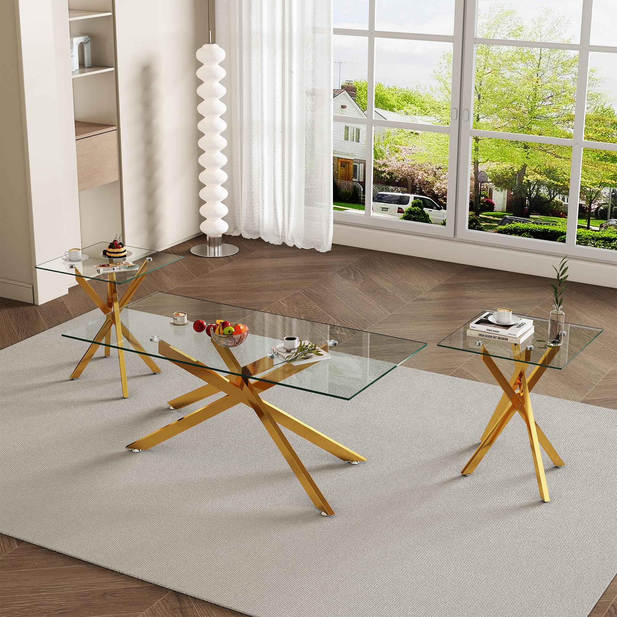 Modern Glass Coffee Table Set of 3 - IANIYA Gold Living Room Tables (Large Coffee Table + 2 End Tables) for Contemporary Home Decor | Perfect for Living Rooms, Lounges & Office Spaces
