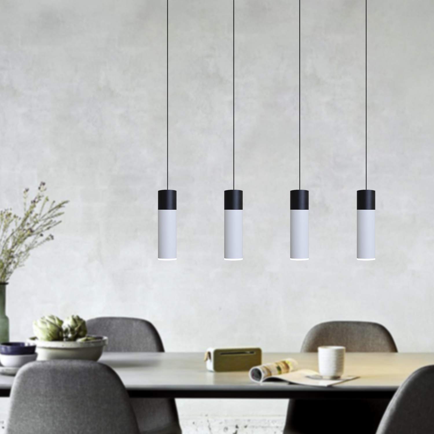 Vela 4 Mini Pendant Lighting Set - Modern Black & White LED Hanging Light Fixture for Kitchen Island, Bar Counter, Dining Room & Foyer - Adjustable Dimmable Cluster Pendants with Included Bulbs - Perfect for Home Decor, Restaurant Lighting & Commercial Spaces