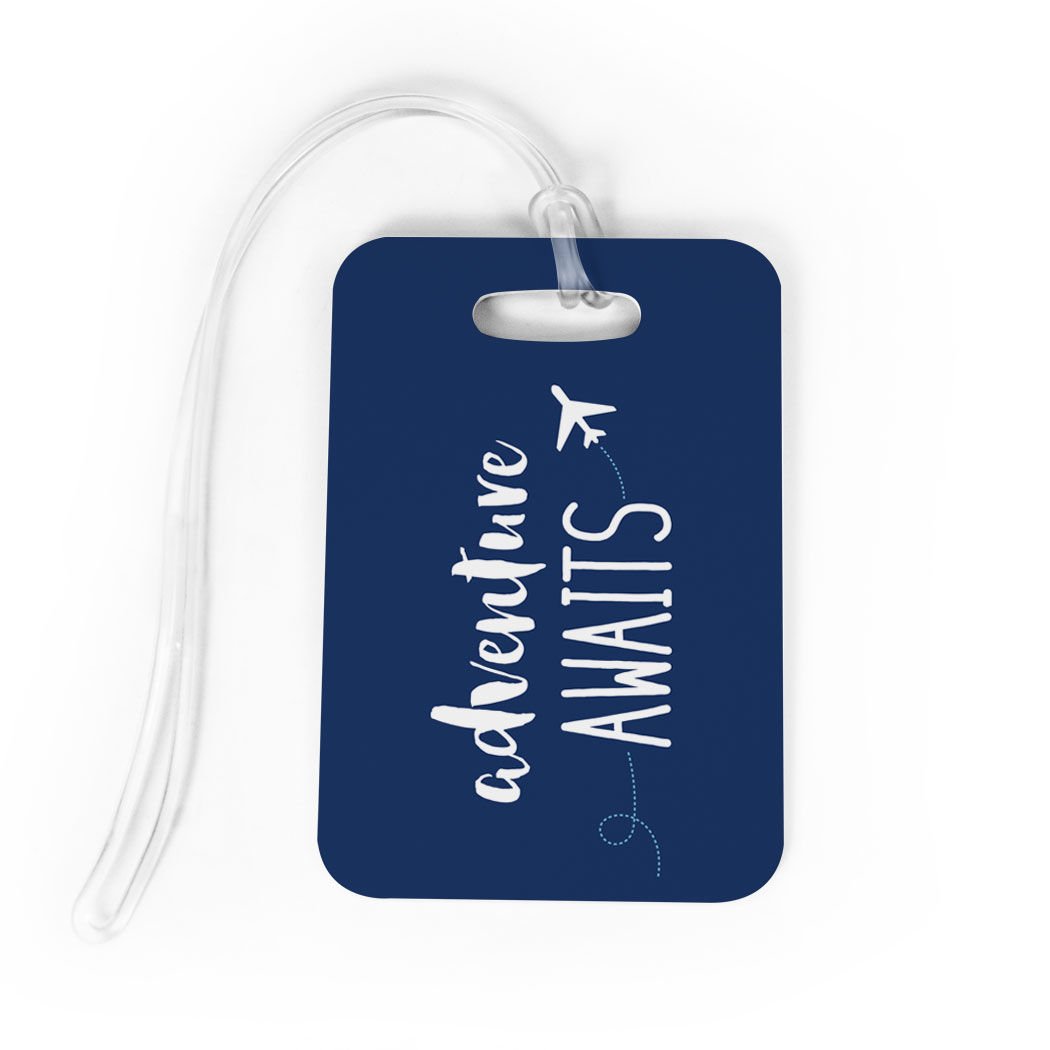 ChalkTalkSPORTS Adventure Awaits Custom Luggage Tag - Personalized Travel Bag Tag with Info Panel - Medium Size Navy Blue - Perfect for Suitcases, Backpacks & Travel Accessories