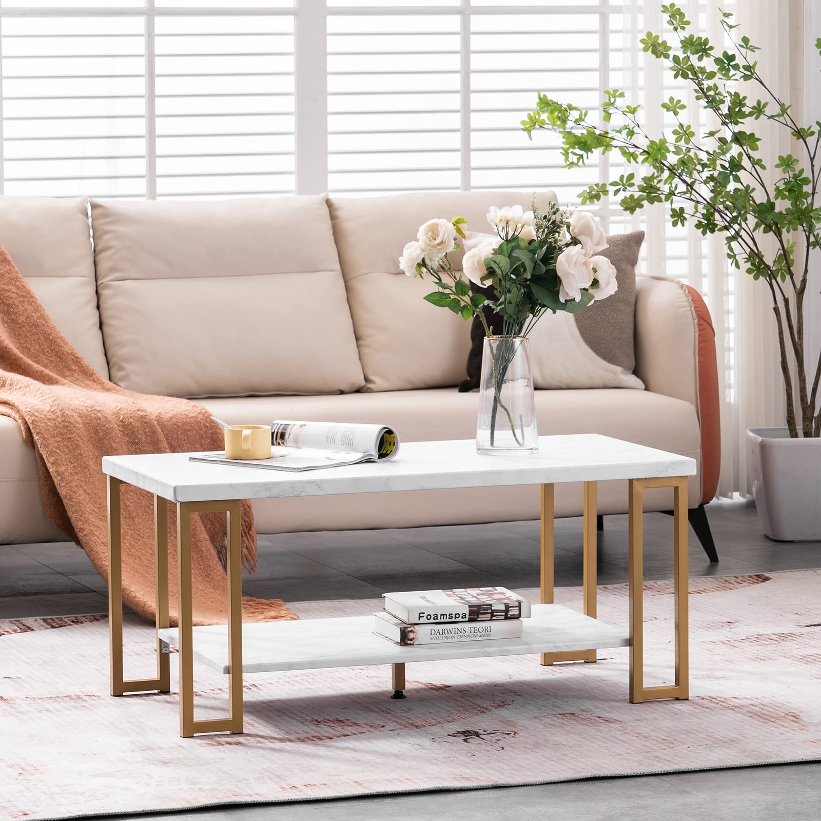 Modern Golden Iron Pipe & Marble PVC Coffee Table - 41.7