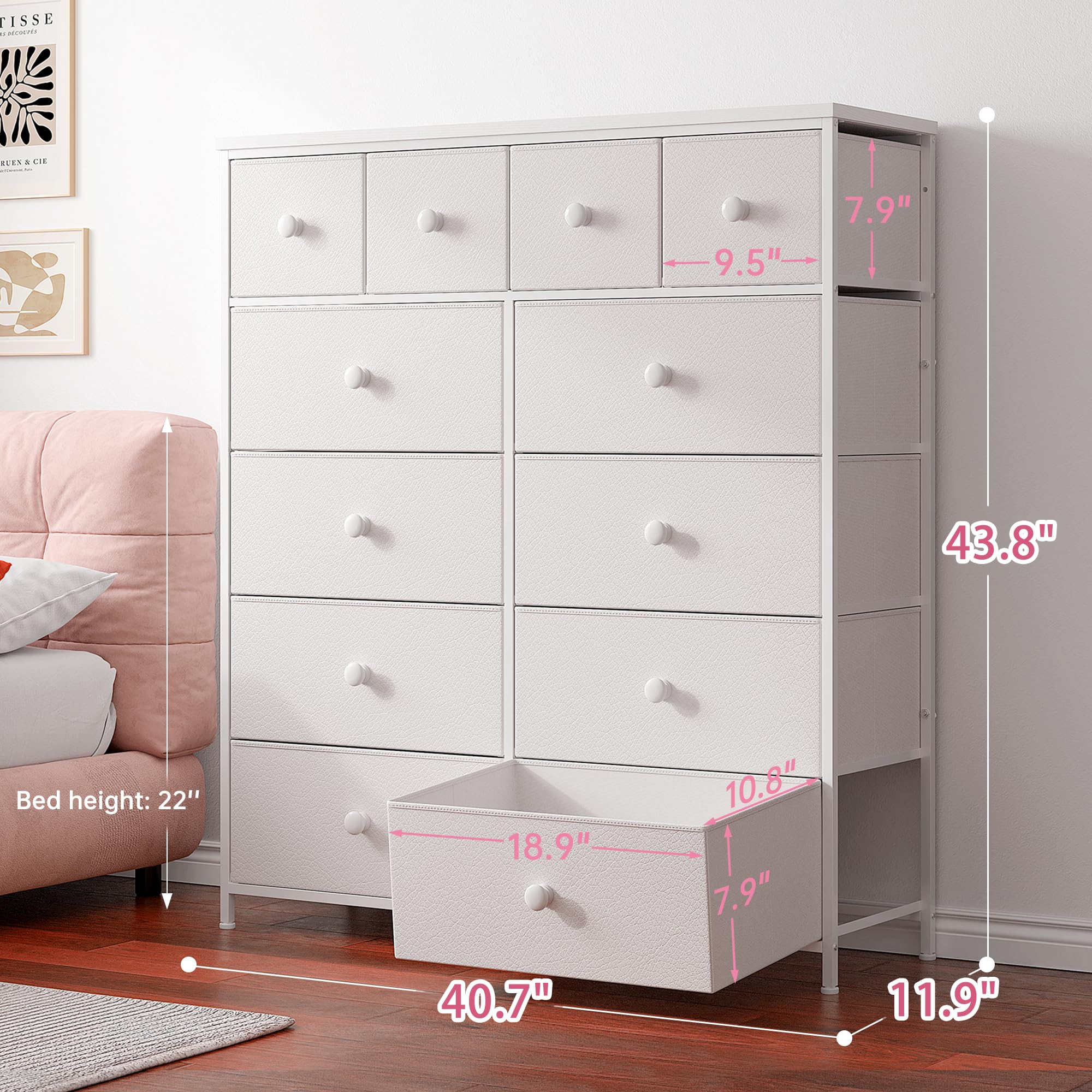 EnHomee 12-Drawer White Dresser for Bedroom - Wood Top & Metal Frame Tall Chest of Drawers - Perfect for Girls Room, Living Room, Hallway & Closet Organization - Ideal for Clothes, Toys & Home Storage