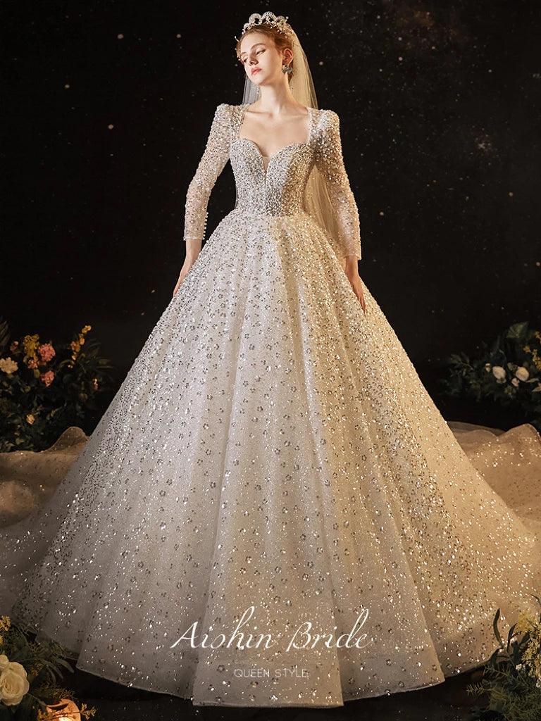 Luxury Sequined A-Line Wedding Dress with Custom Square Collar & Long Sleeves | Elegant Bridal Gown for Church Ceremony, Ballroom Reception & Romantic Photoshoot